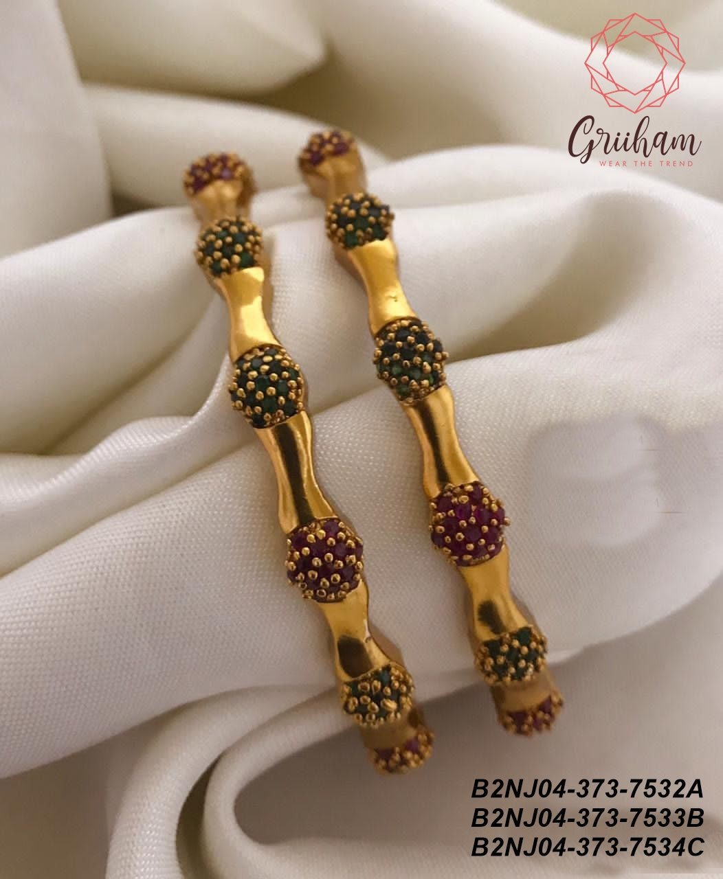 Gold Plated Set of 2 Broad Floral design Bangles with AD stones 7532A