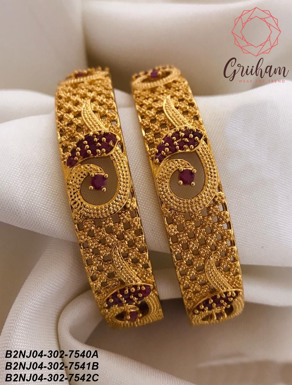 Gold Plated Set of 2 Broad Floral design Bangles with AD stones 7540A