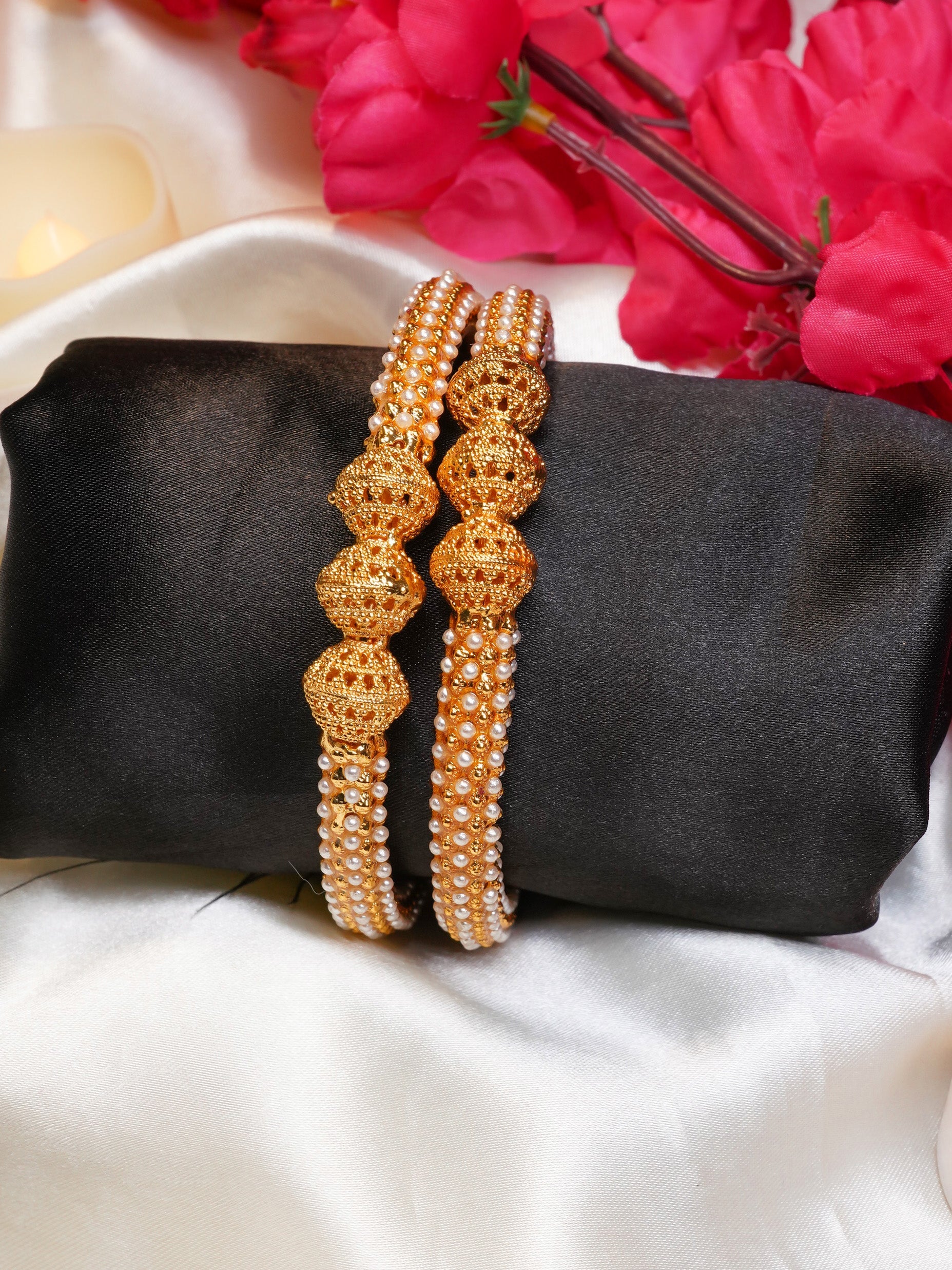 Gold Plated Set of 2 Pearl Bangles with stones 10117A