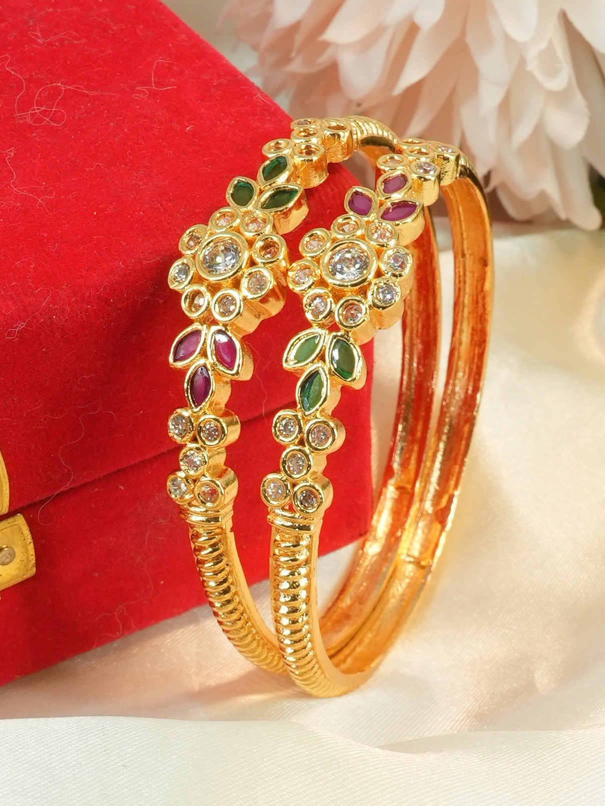 Gold Plated Set of 2 designer Bangles with Multicolor stones 11519A