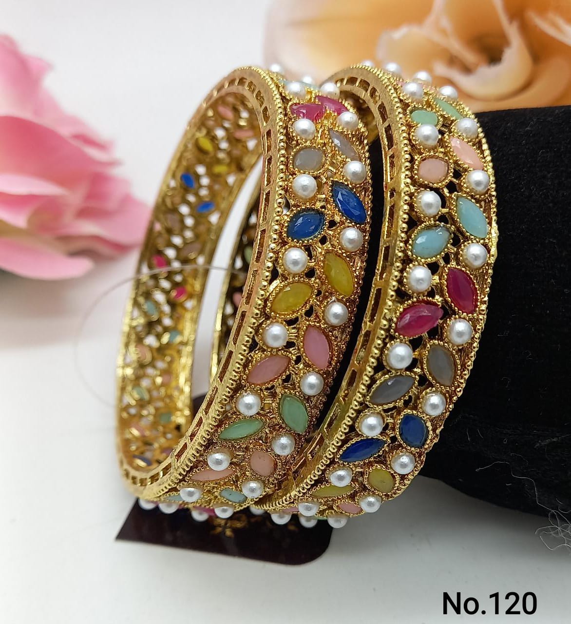Gold Plated Set of 2 designer Bangles with Multicolor stones and pearl 8108A-Designer Bangles-Griiham-2.4-Griiham