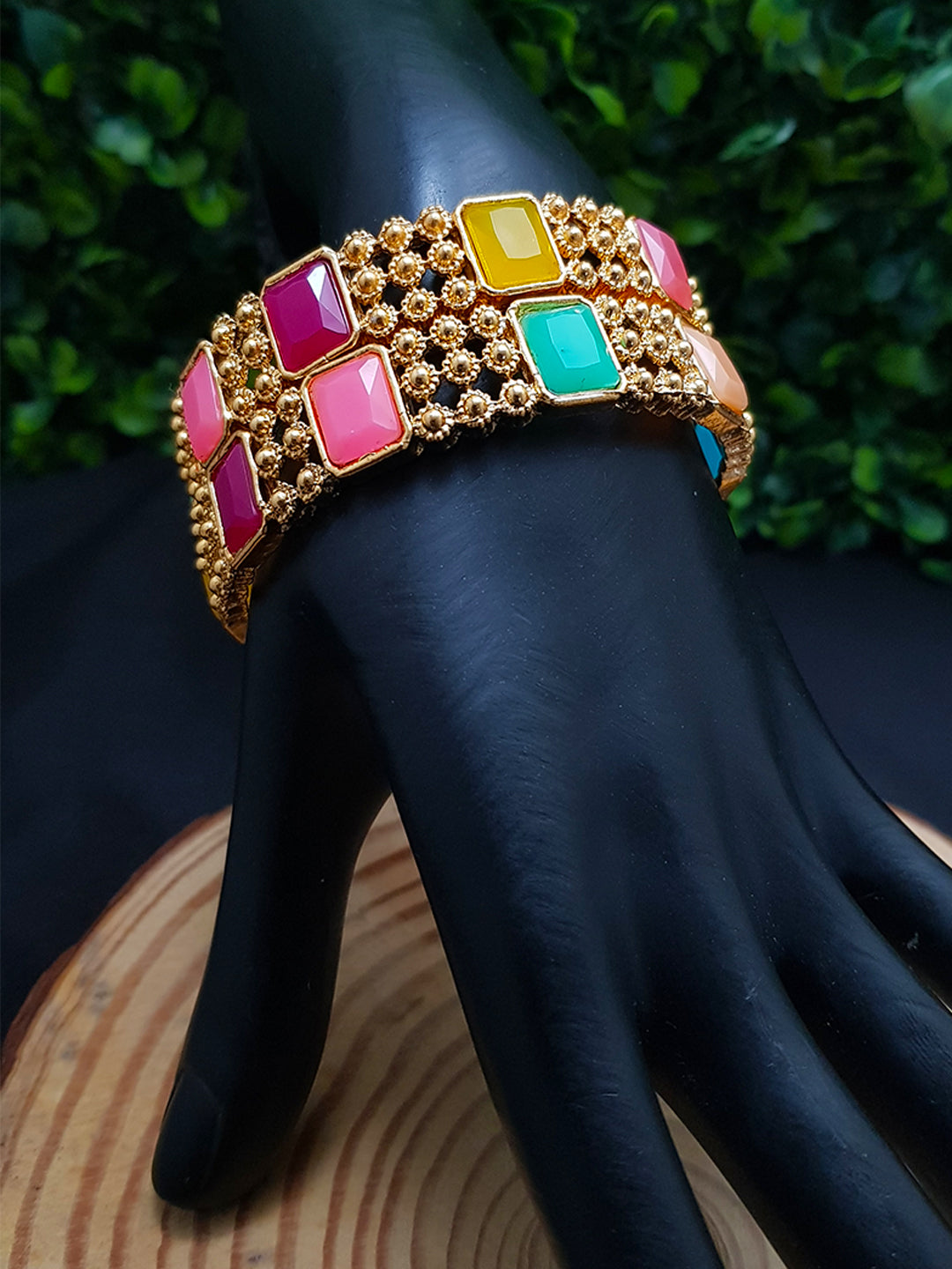 Gold Plated Set of 2 designer Bangles with Navaratna AD stones 7773A-Designer Bangles-Griiham-2.4-Griiham