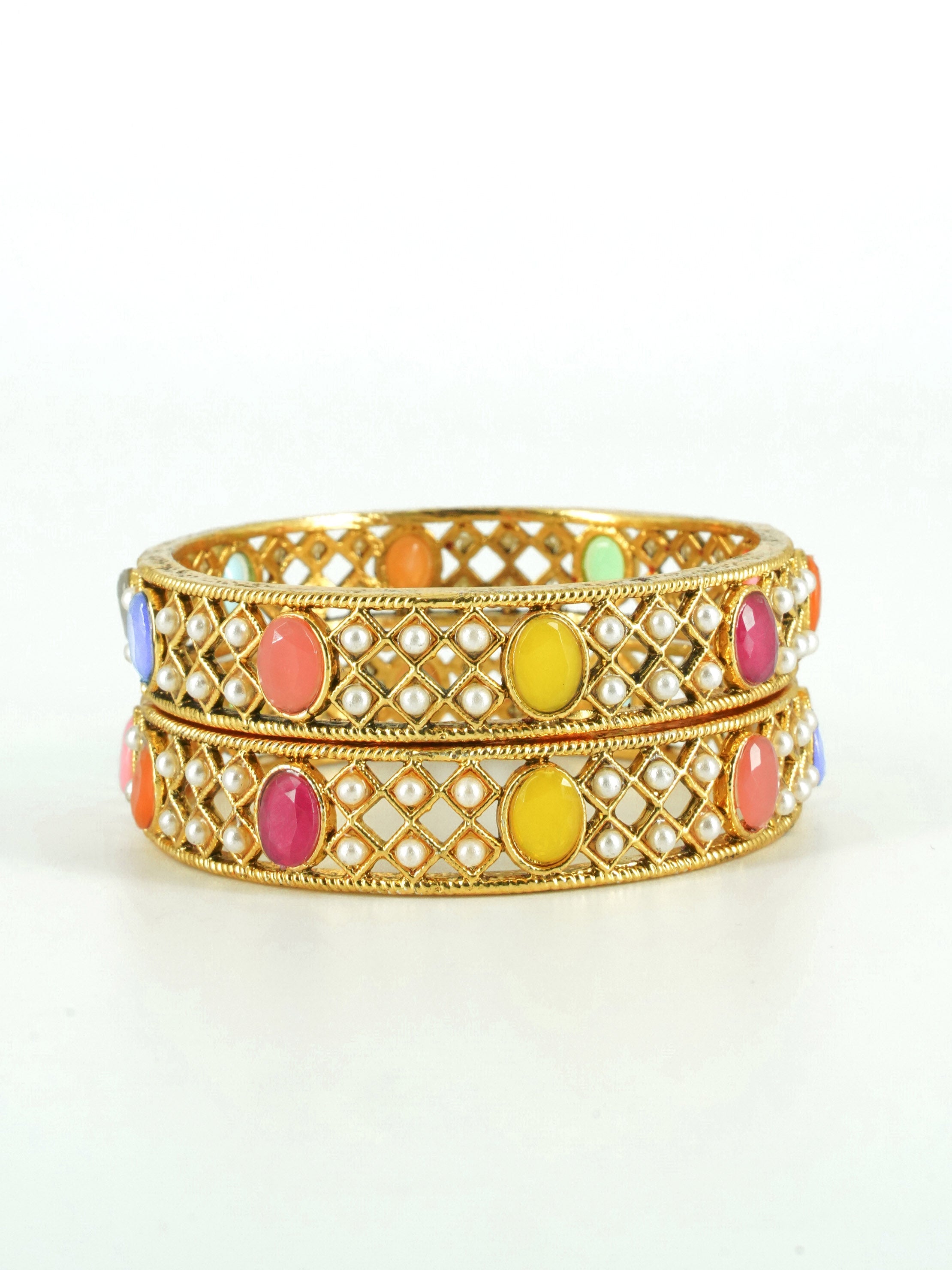 Gold Plated Set of 2 designer Bangles with Navaratna AD stones and pearl 7774A