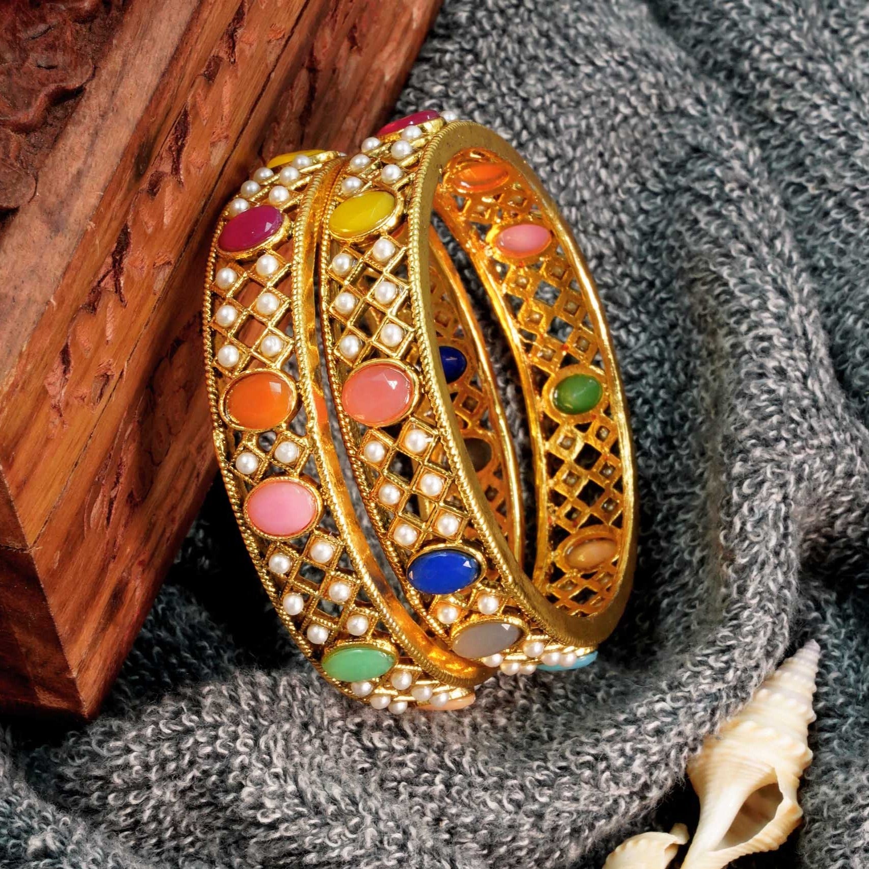 Gold Plated Set of 2 designer Bangles with Navaratna AD stones and pearl 7774A