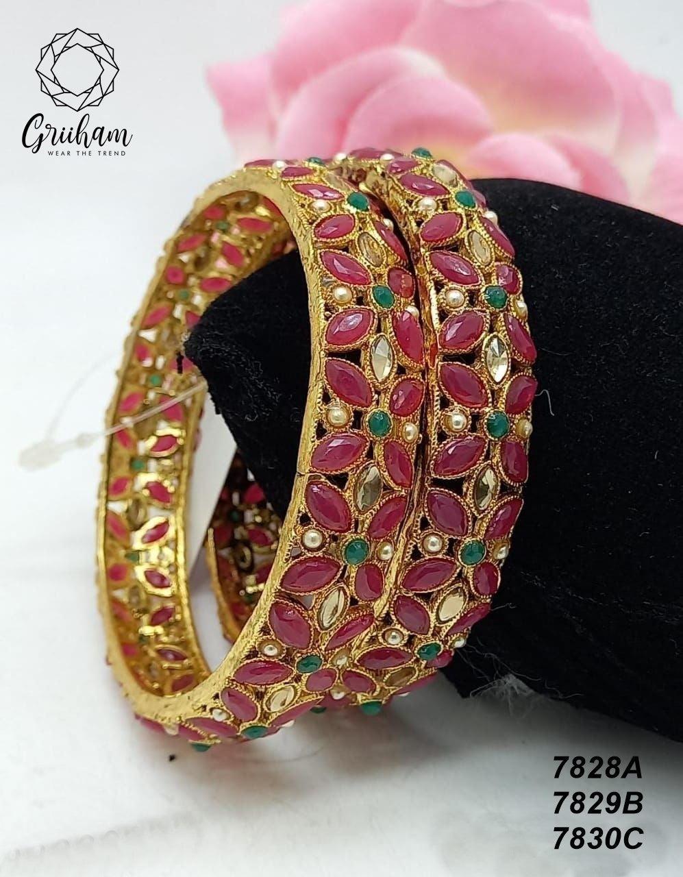 Gold Plated Set of 2 designer Bangles with Red green stones and pearl 7828A