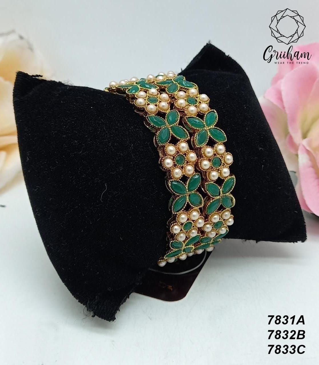 Gold Plated Set of 2 designer Bangles with Red green stones and pearl 7831A