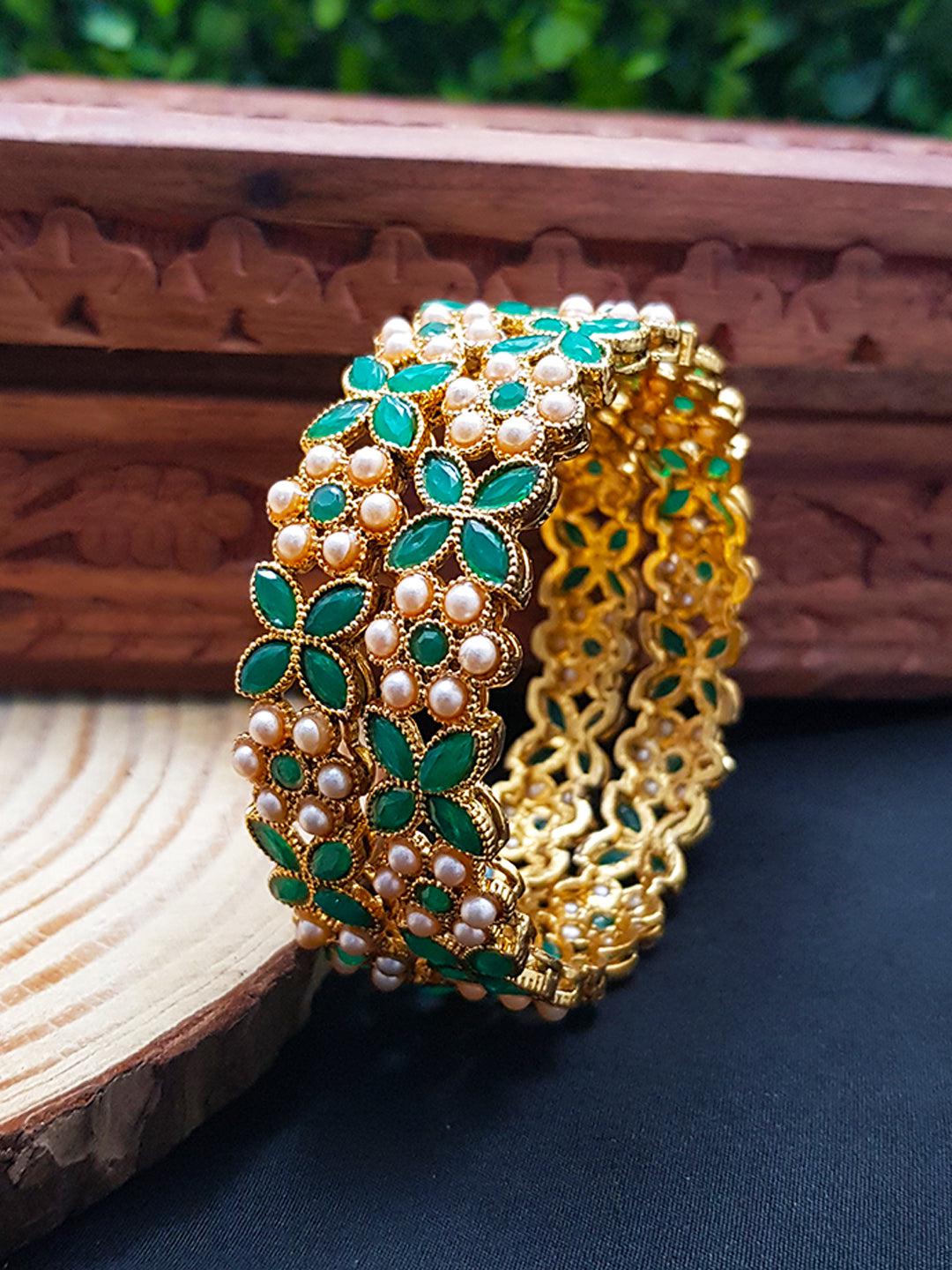 Gold Plated Set of 2 designer Bangles with Red green stones and pearl 7831A-Designer Bangles-Griiham-2.4-Griiham