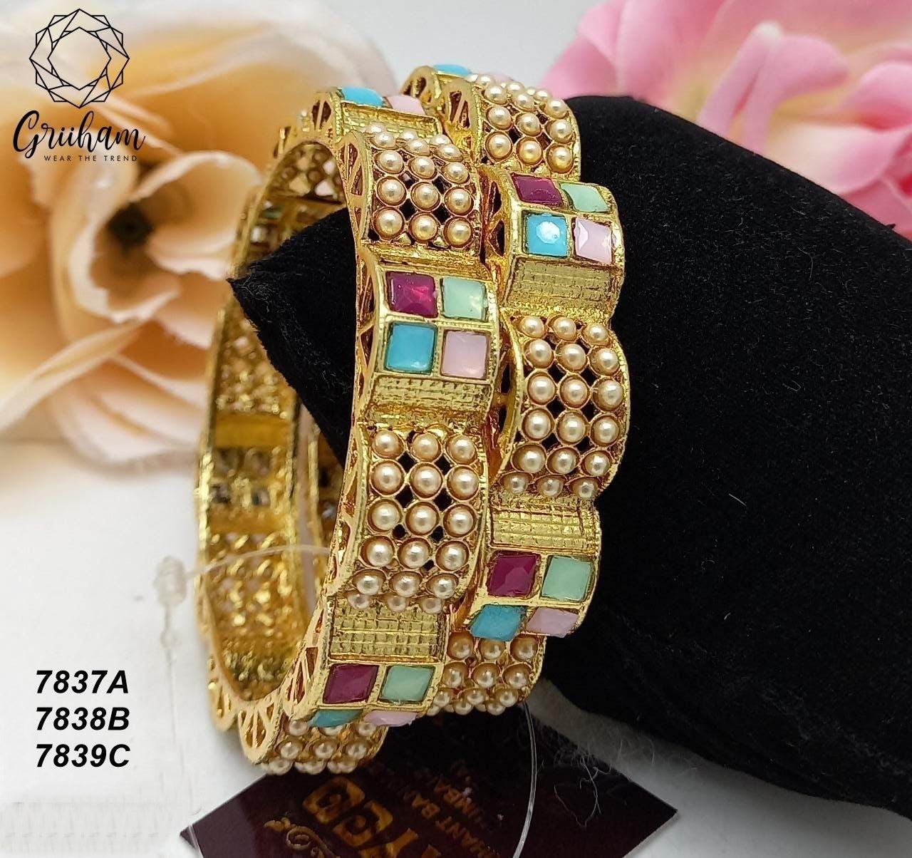 Gold Plated Set of 2 designer Bangles with Red green stones and pearl 7837C