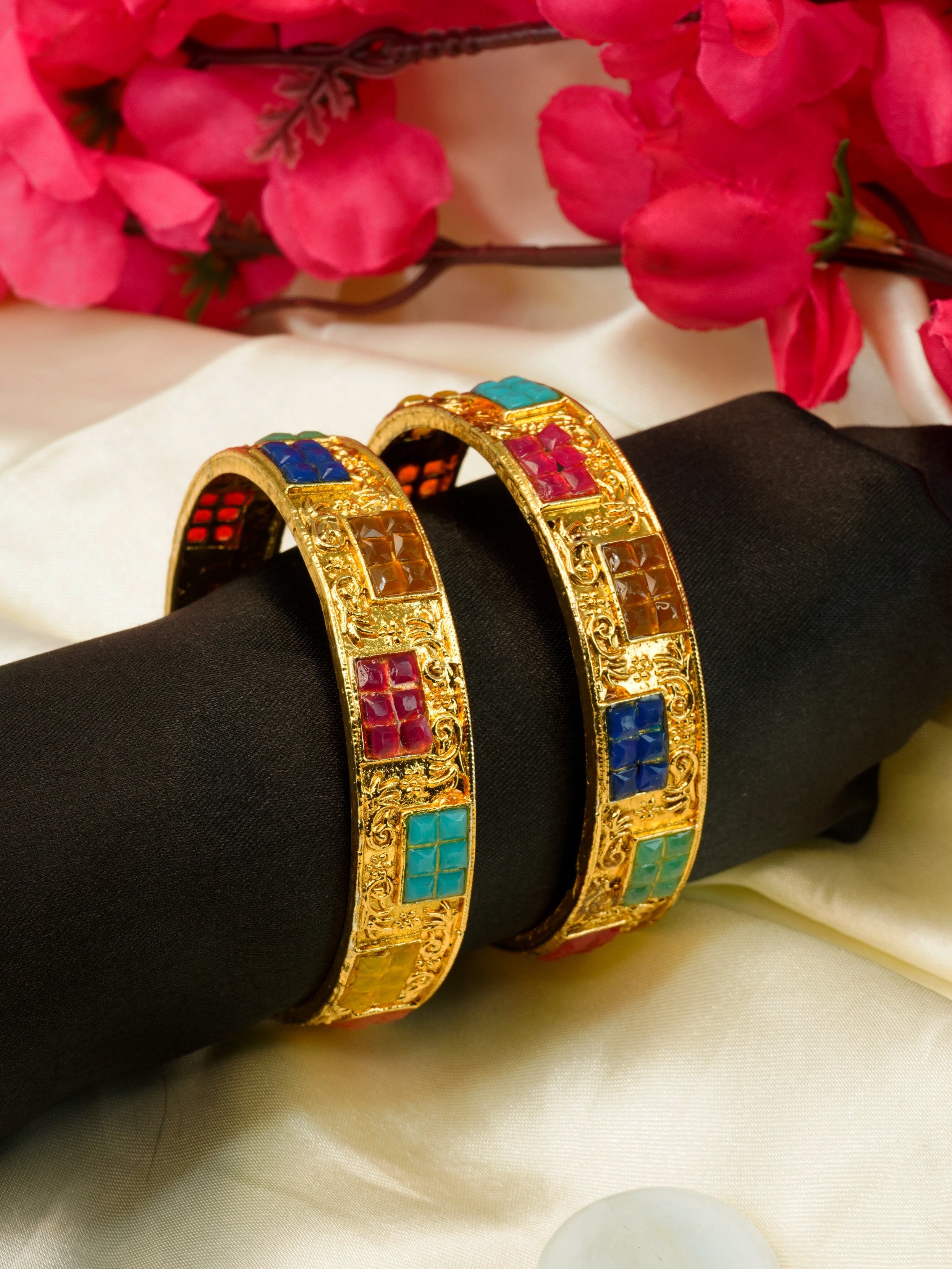 Gold Plated Set of 2 designer Bangles with colored stones 10266A