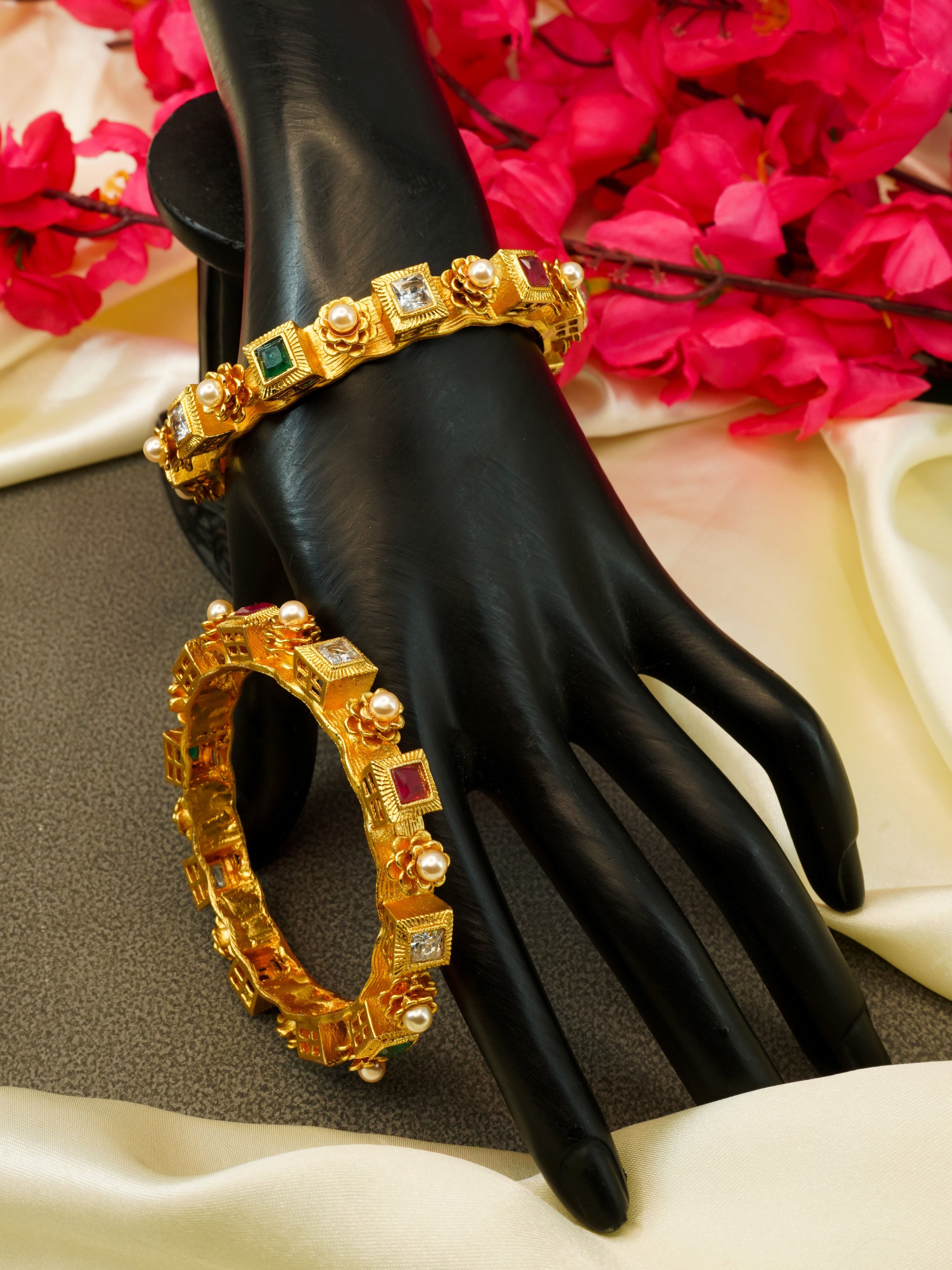 Gold Plated Set of 2 designer Bangles with colored stones 10275A