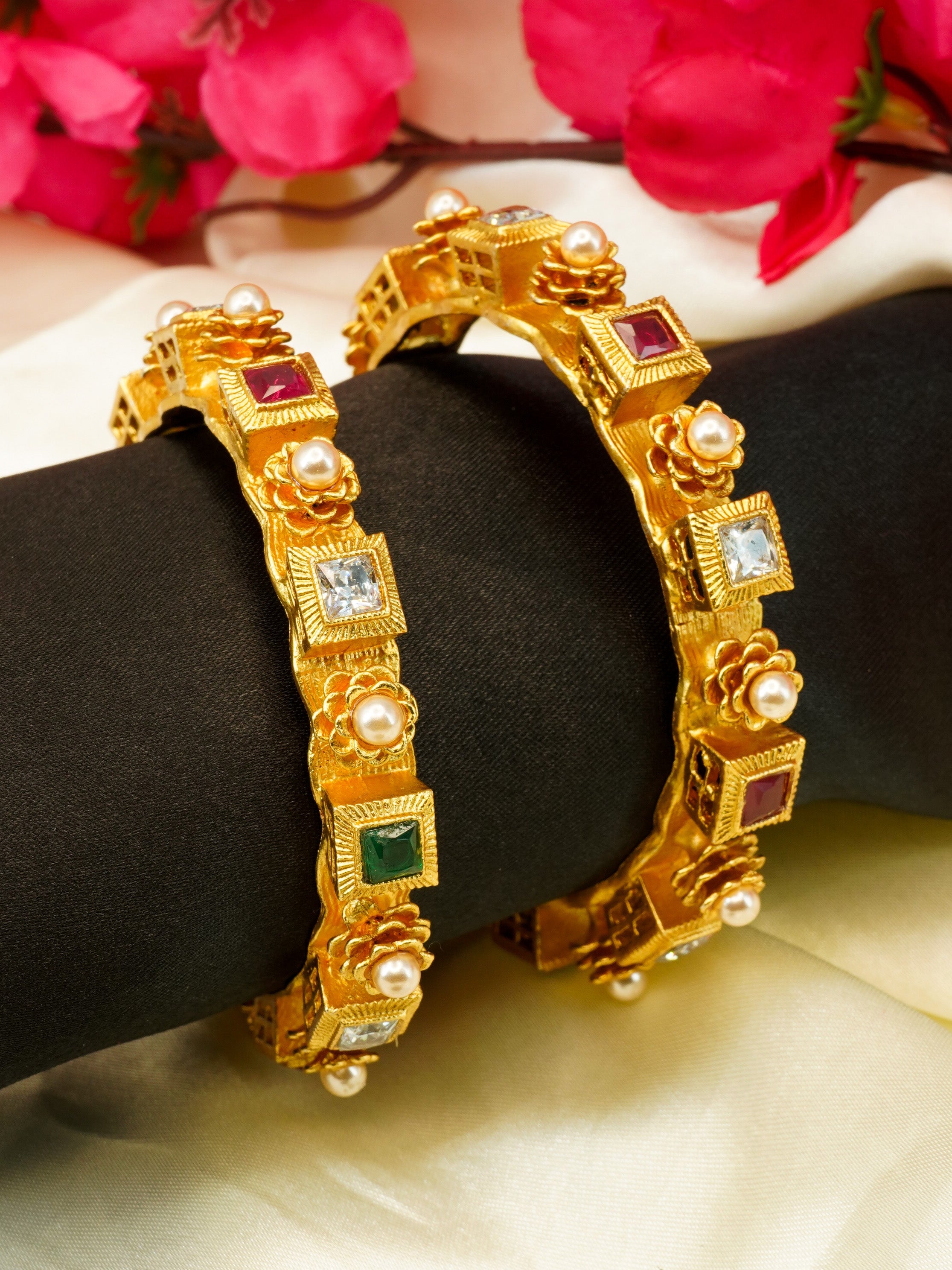 Gold Plated Set of 2 designer Bangles with colored stones 10275A