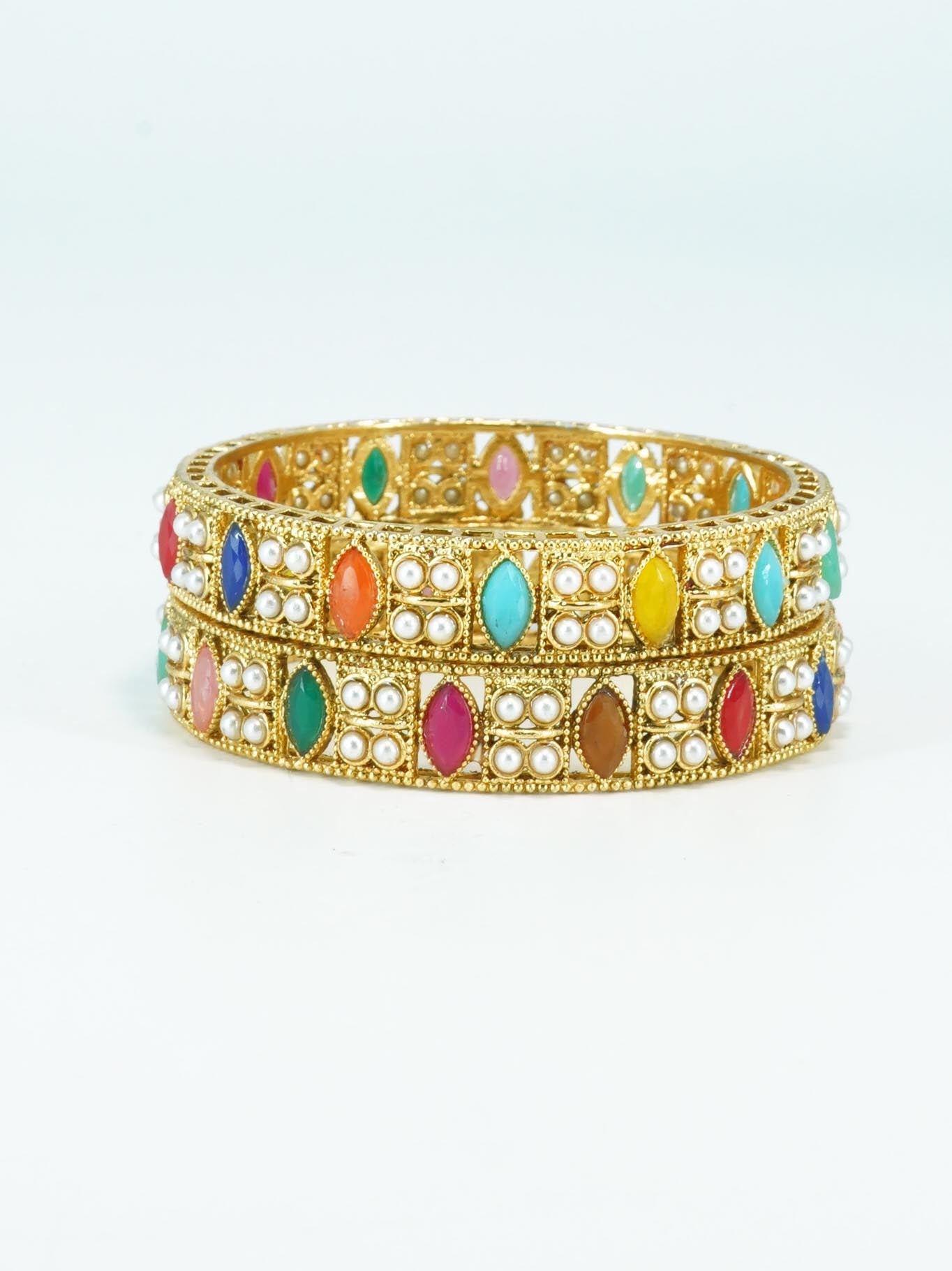 Gold Plated Set of 2 designer Bangles with colored stones 10305A
