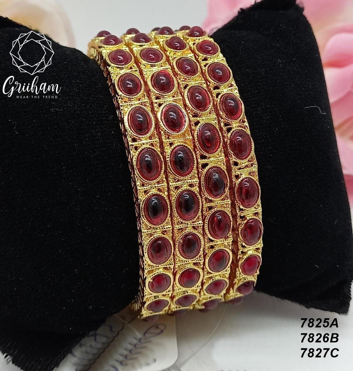 Gold Plated Set of 4 designer Bangles with Kempu Maroon stones 7825A