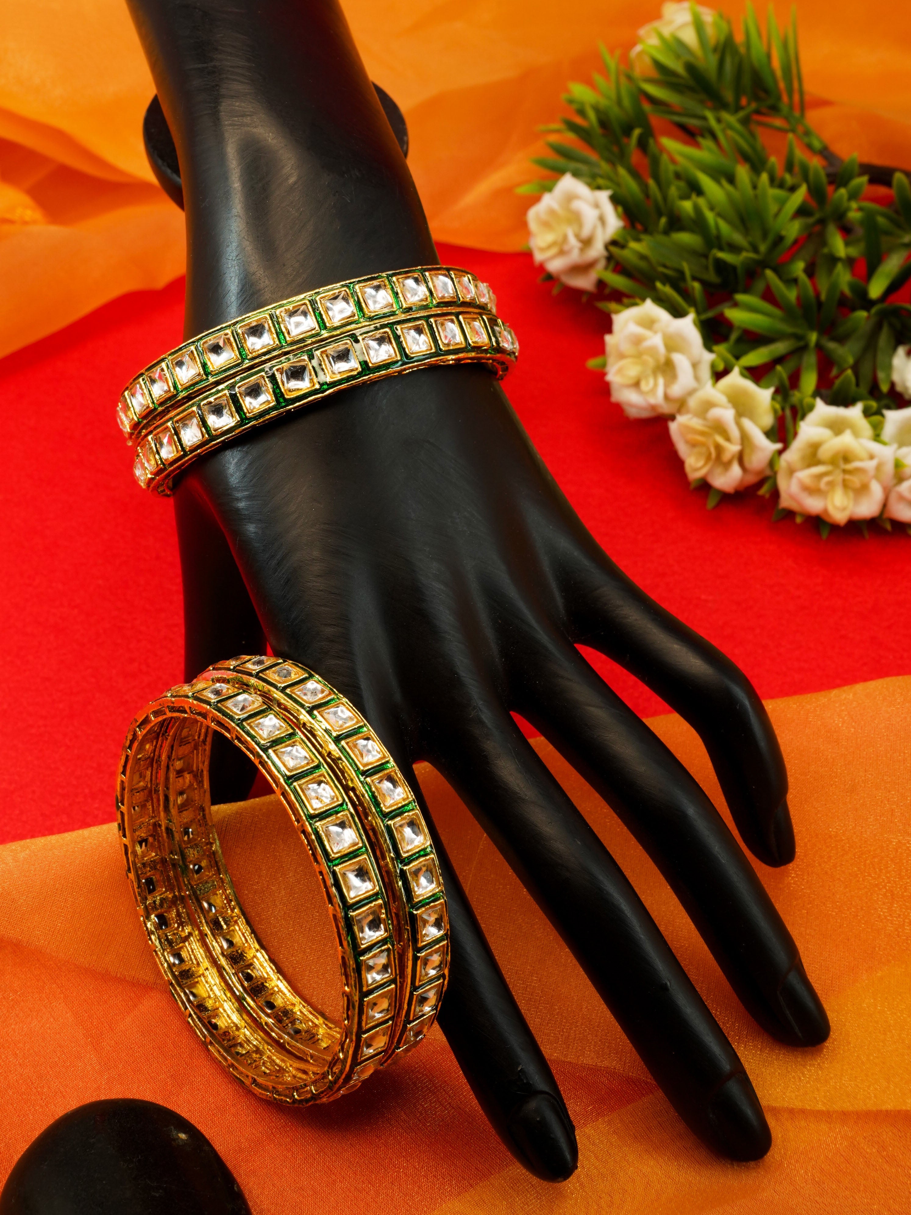 Gold Plated Set of 4 designer Bangles with Kundan/colored stones 10269A