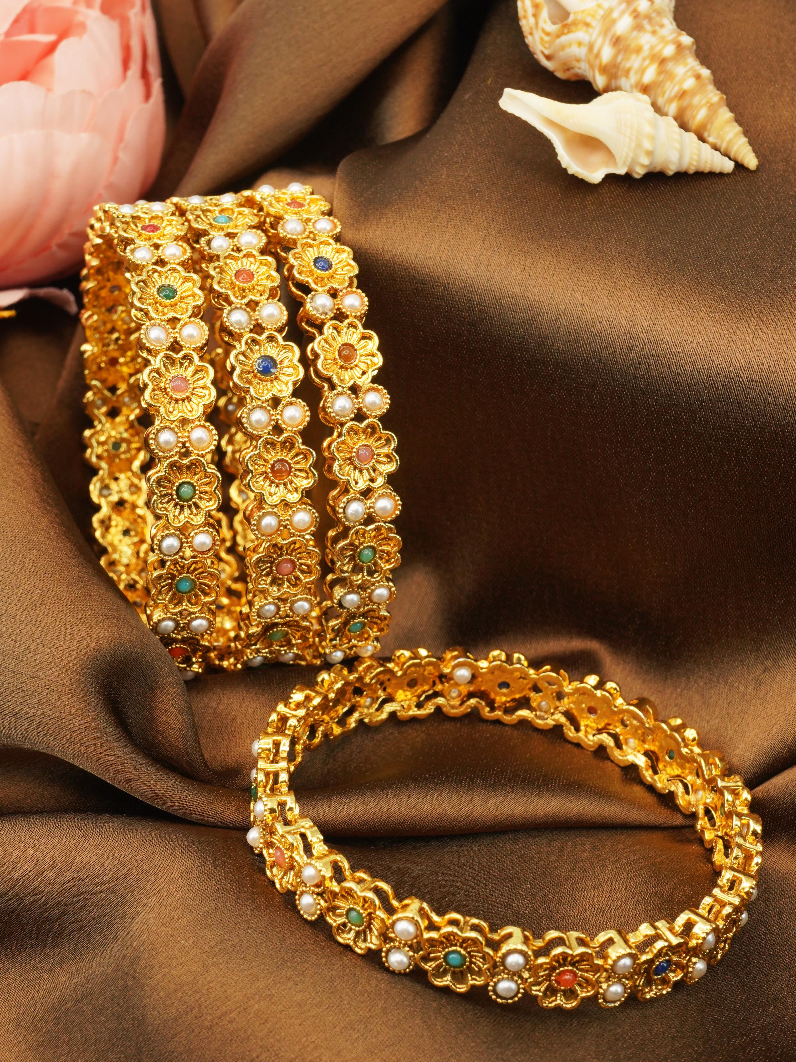 Gold Plated Set of 4 designer Bangles with Kundan/colored stones 10299A