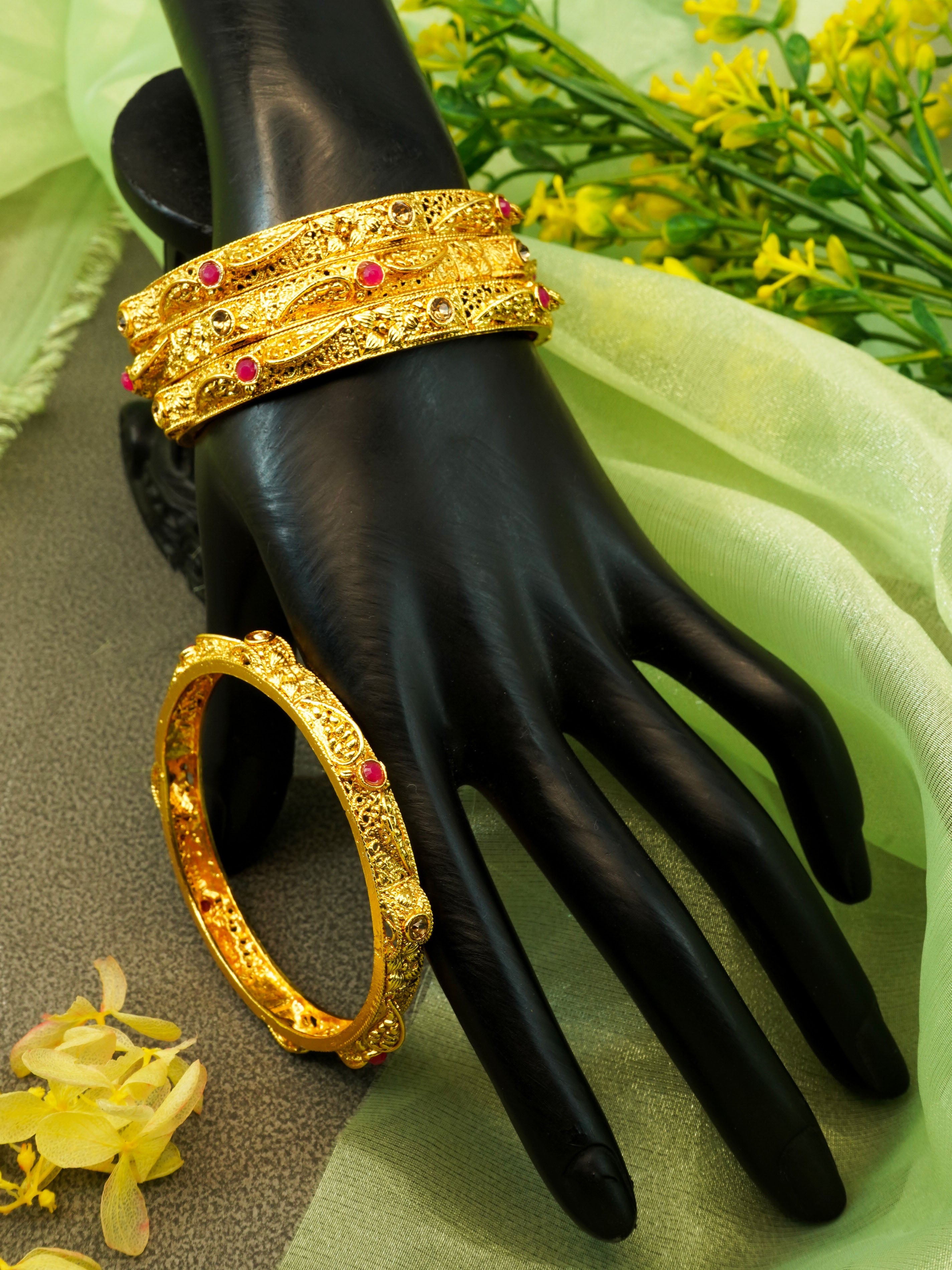 Gold Plated Set of 4 designer Bangles with colored stones 10308A