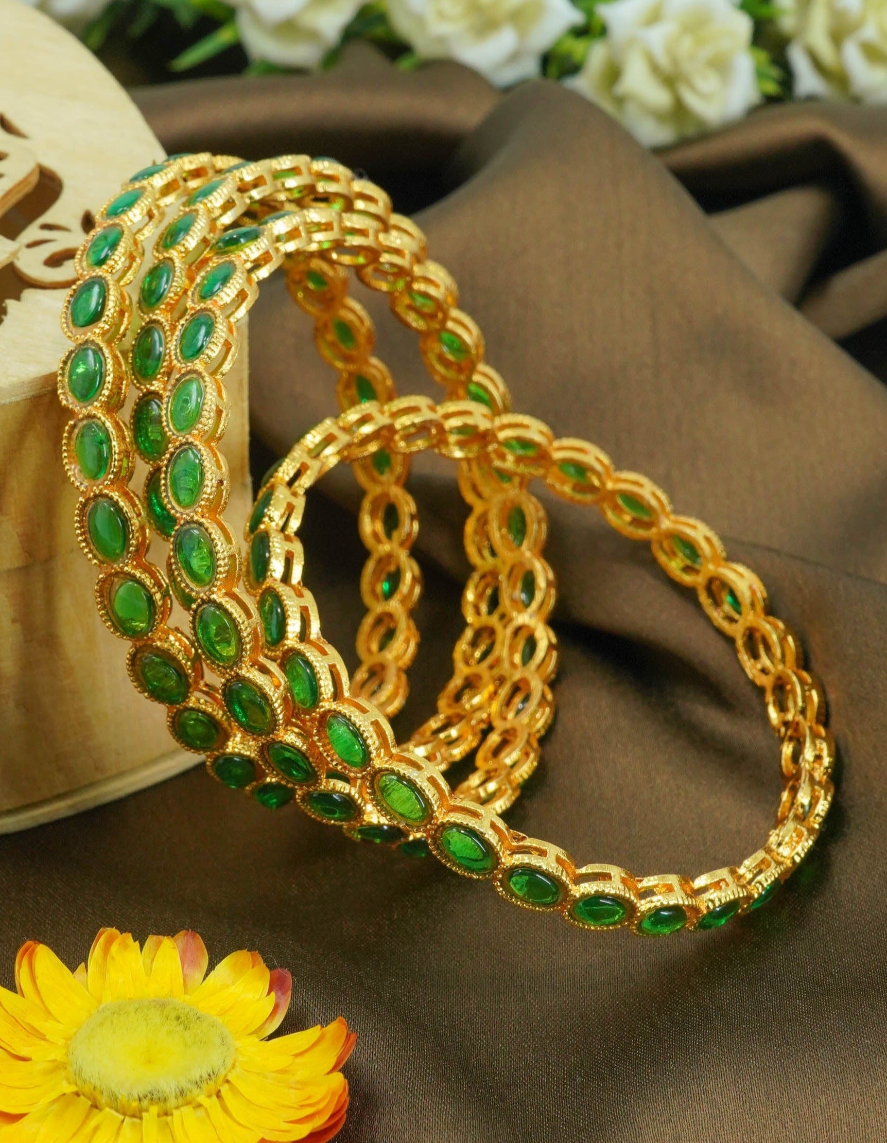 Gold Plated Set of 4 designer Green Stone Bangles 10827A