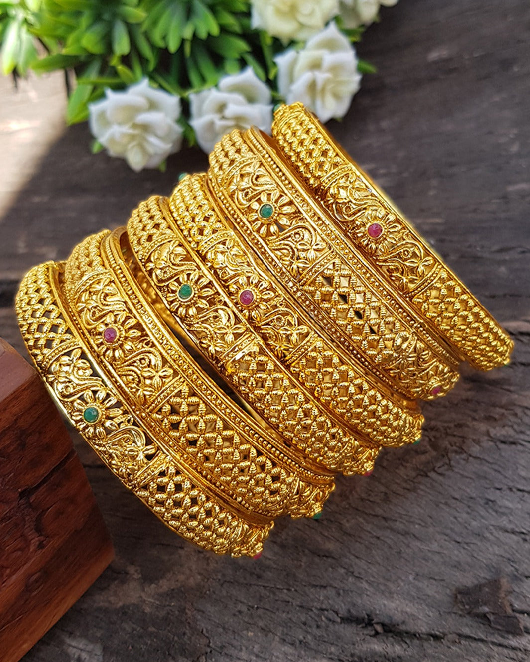 Gold Plated Set of 6 designer Bangles Multicolor 8764C