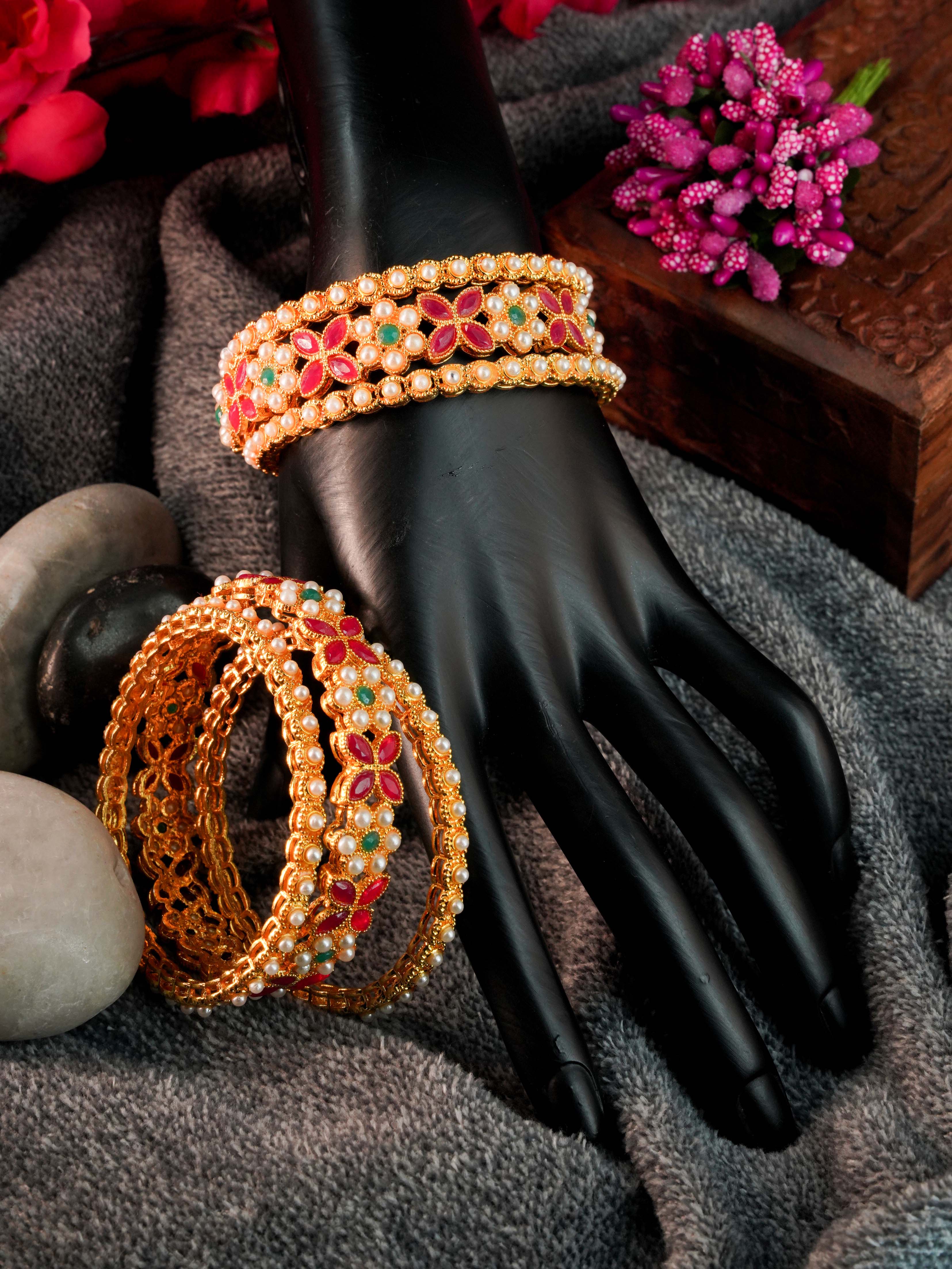 Gold Plated Set of 6 designer Bangles with Red stones7777A