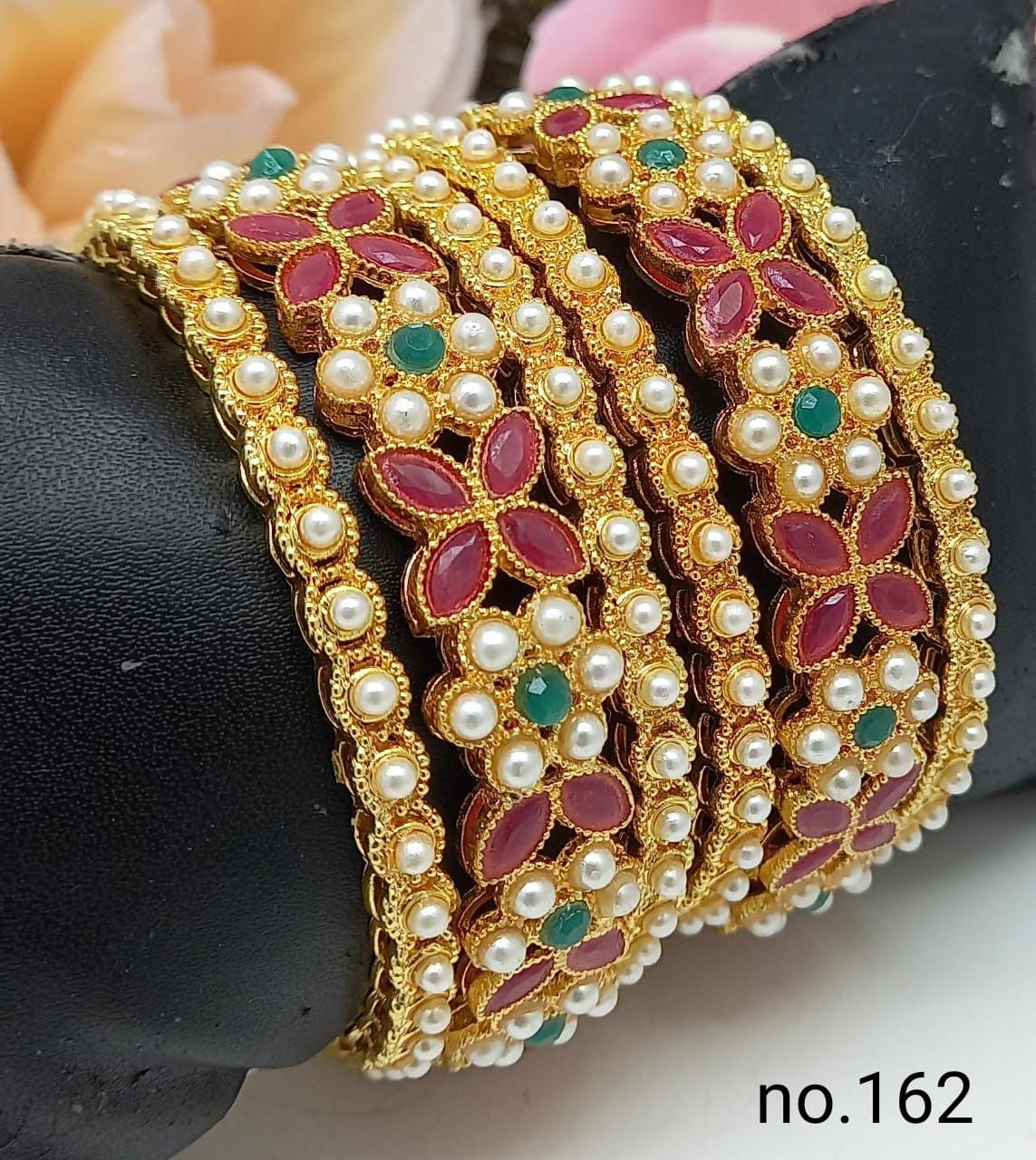 Gold Plated Set of 6 designer Bangles with Red stones7777A