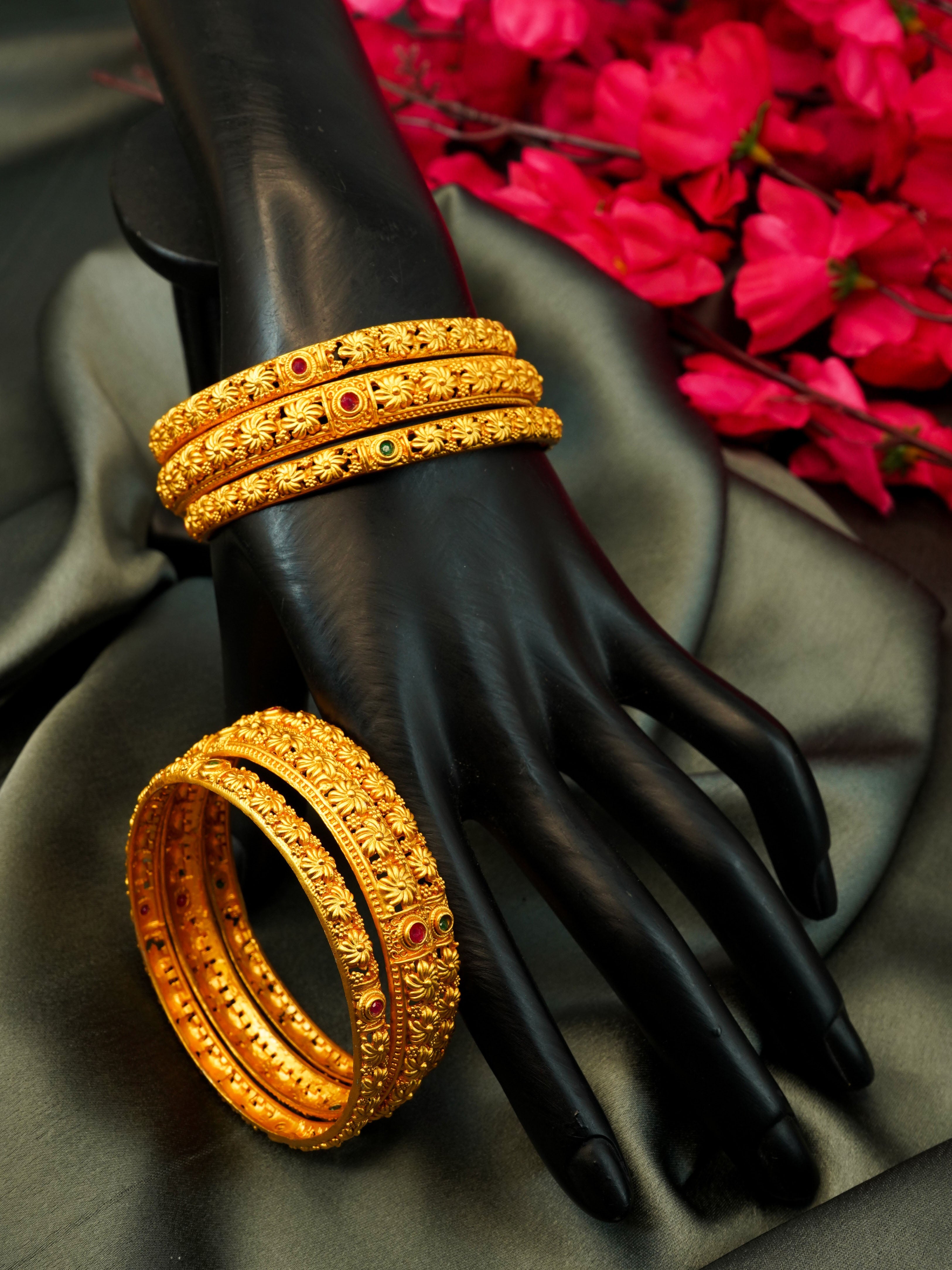 Gold Plated Set of 6 designer Bangles with colored stones 10207A