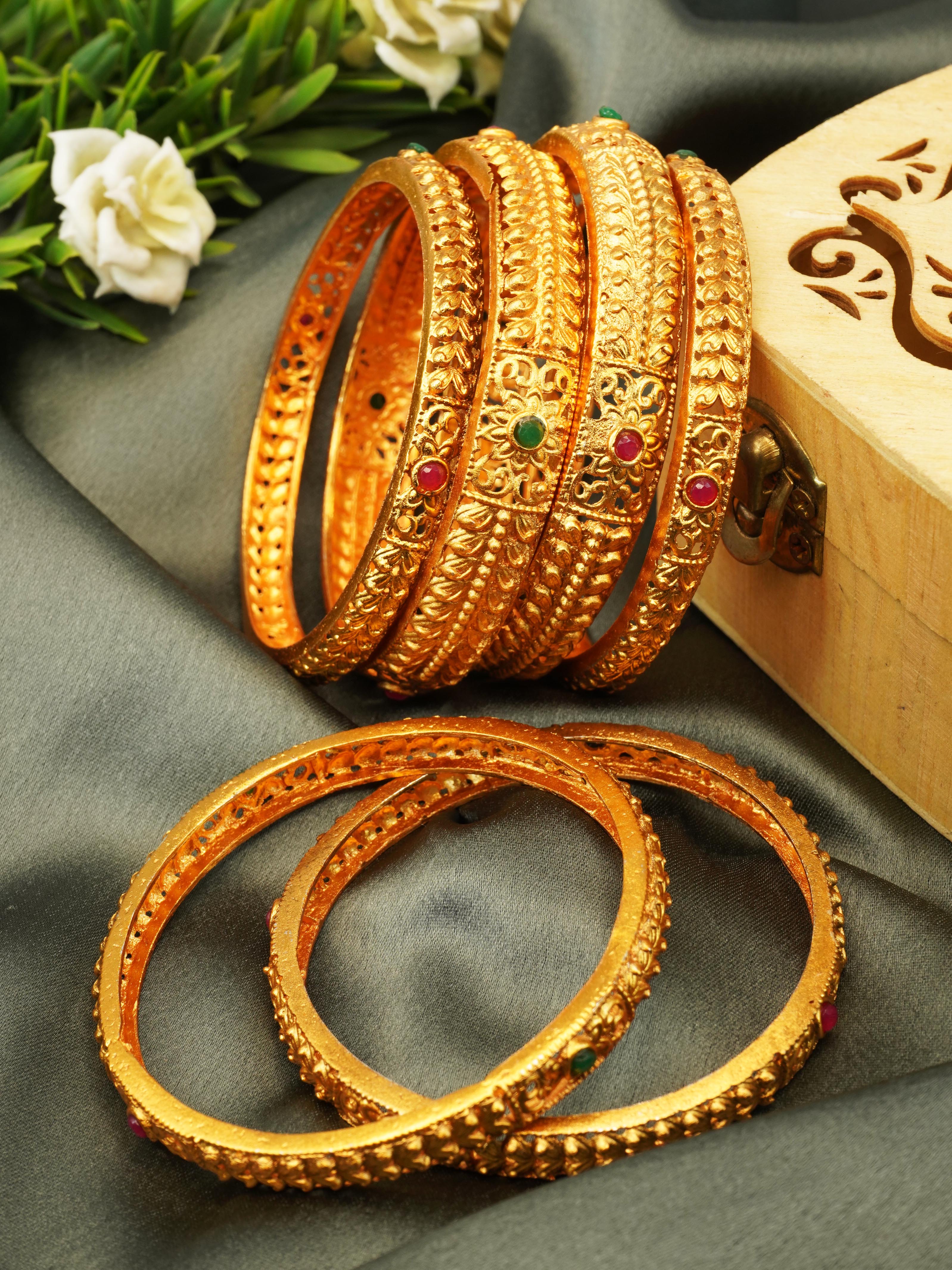 Gold Plated Set of 6 designer Bangles with colored stones 10240A