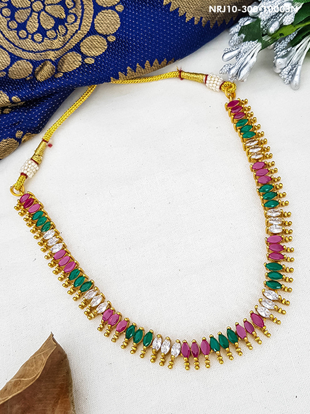 Gold Plated Short Necklace with Multi Colour Stones 10003N