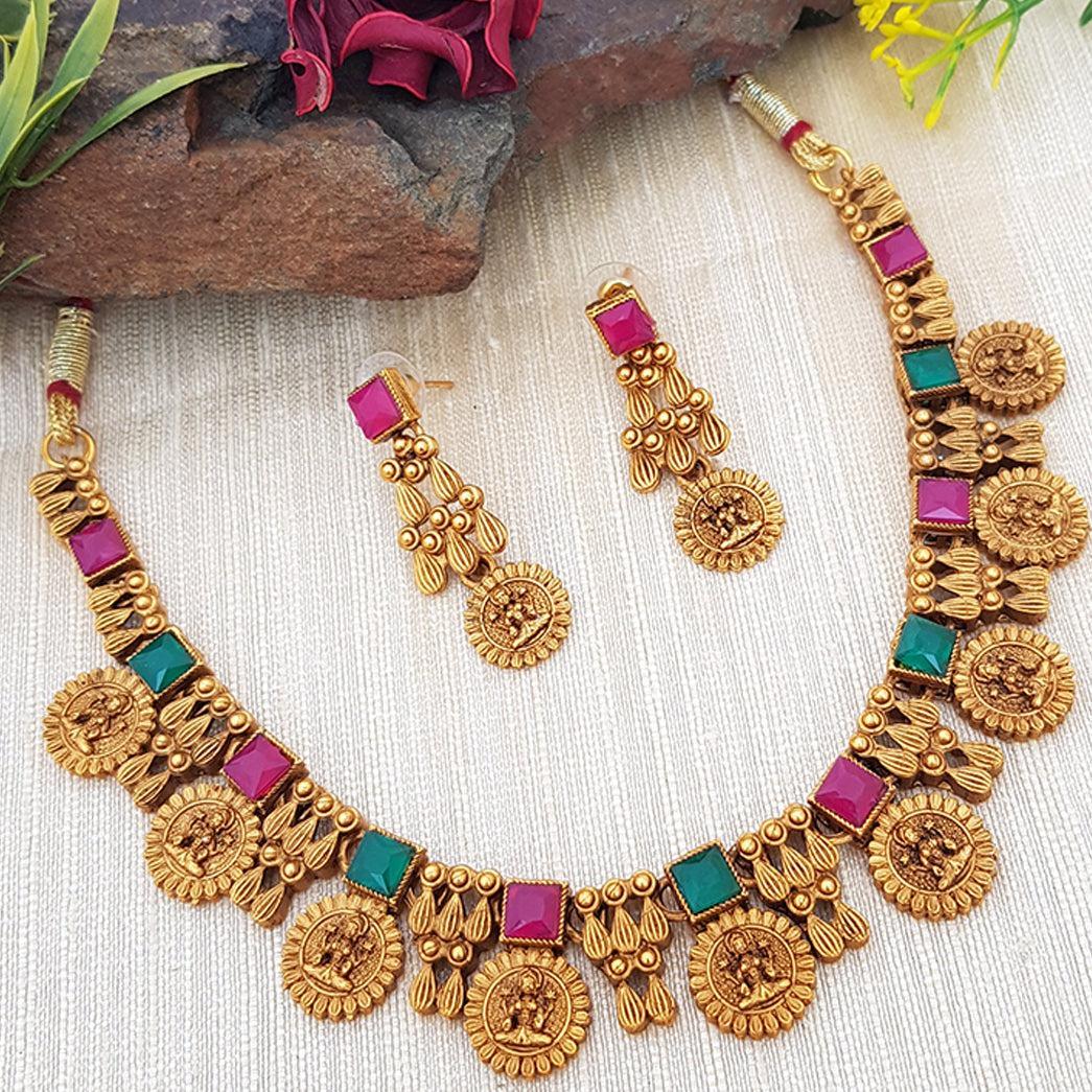 Gold Plated Special Laxmi Coin Necklace Set with Square Stones 6645N