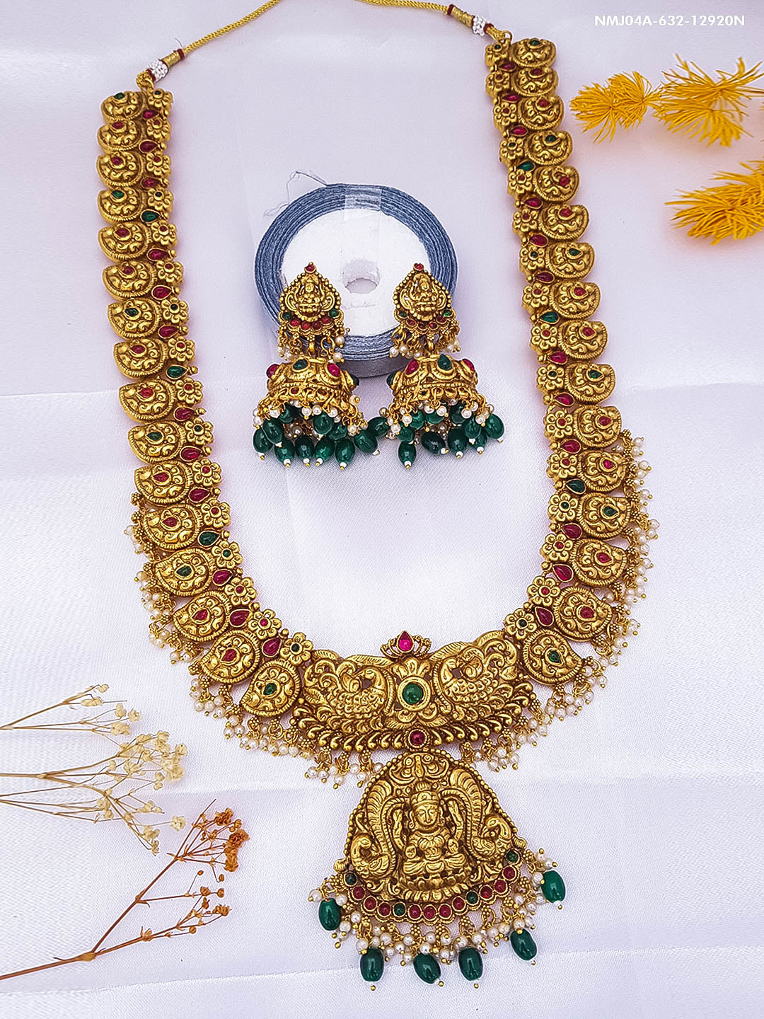 Gold Plated Temple Necklace Set with Multi Color Stones 12920N