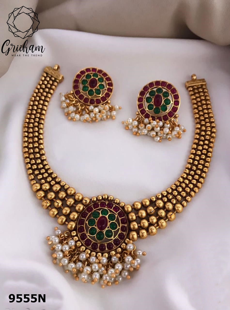 Gold Plated colored stone ball Necklace set 9554N