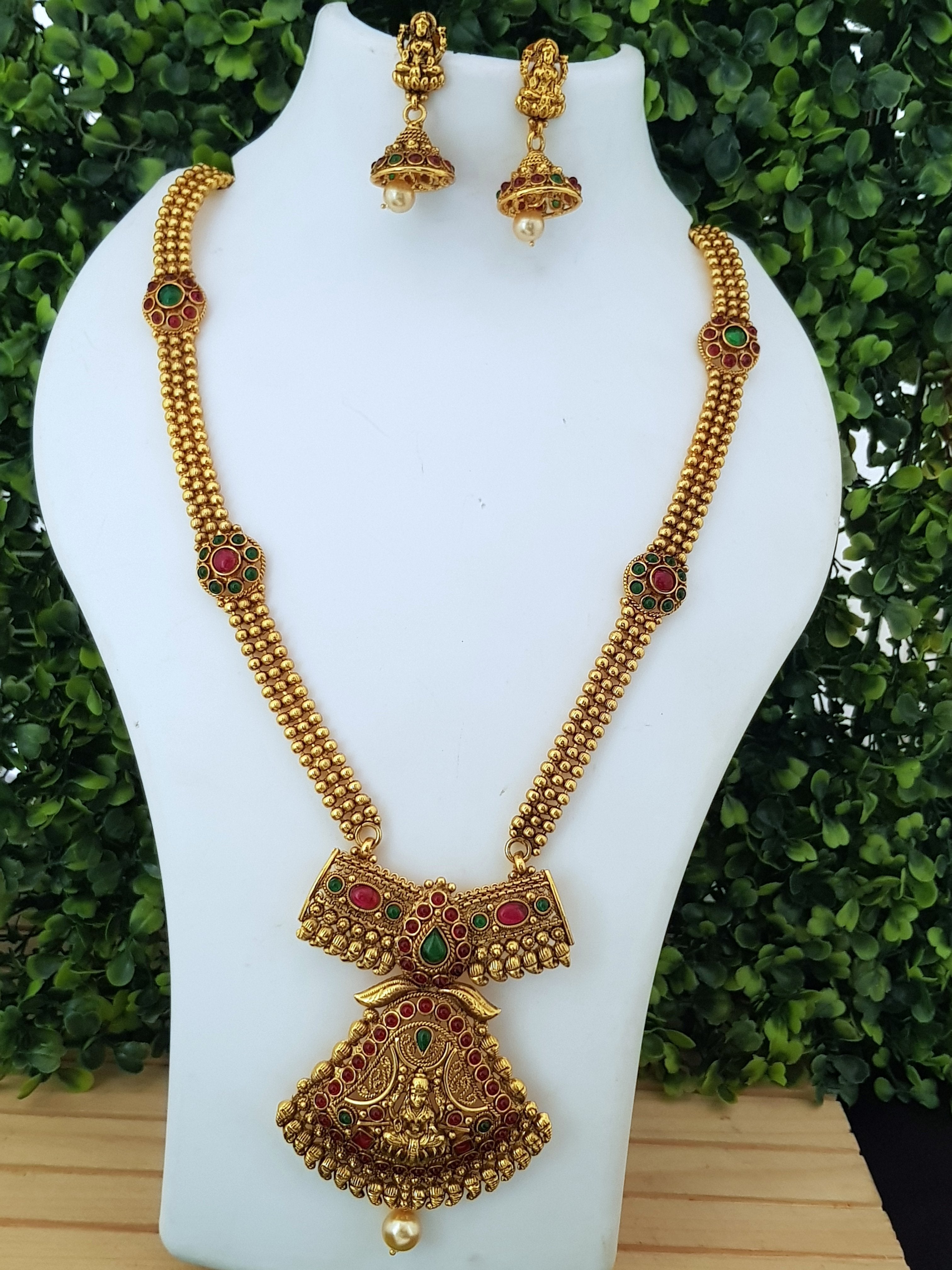 Gold Plated with Antique Gold Finish Kemp studded Long Hara Set with Lakshmi NSN09-875-2786N