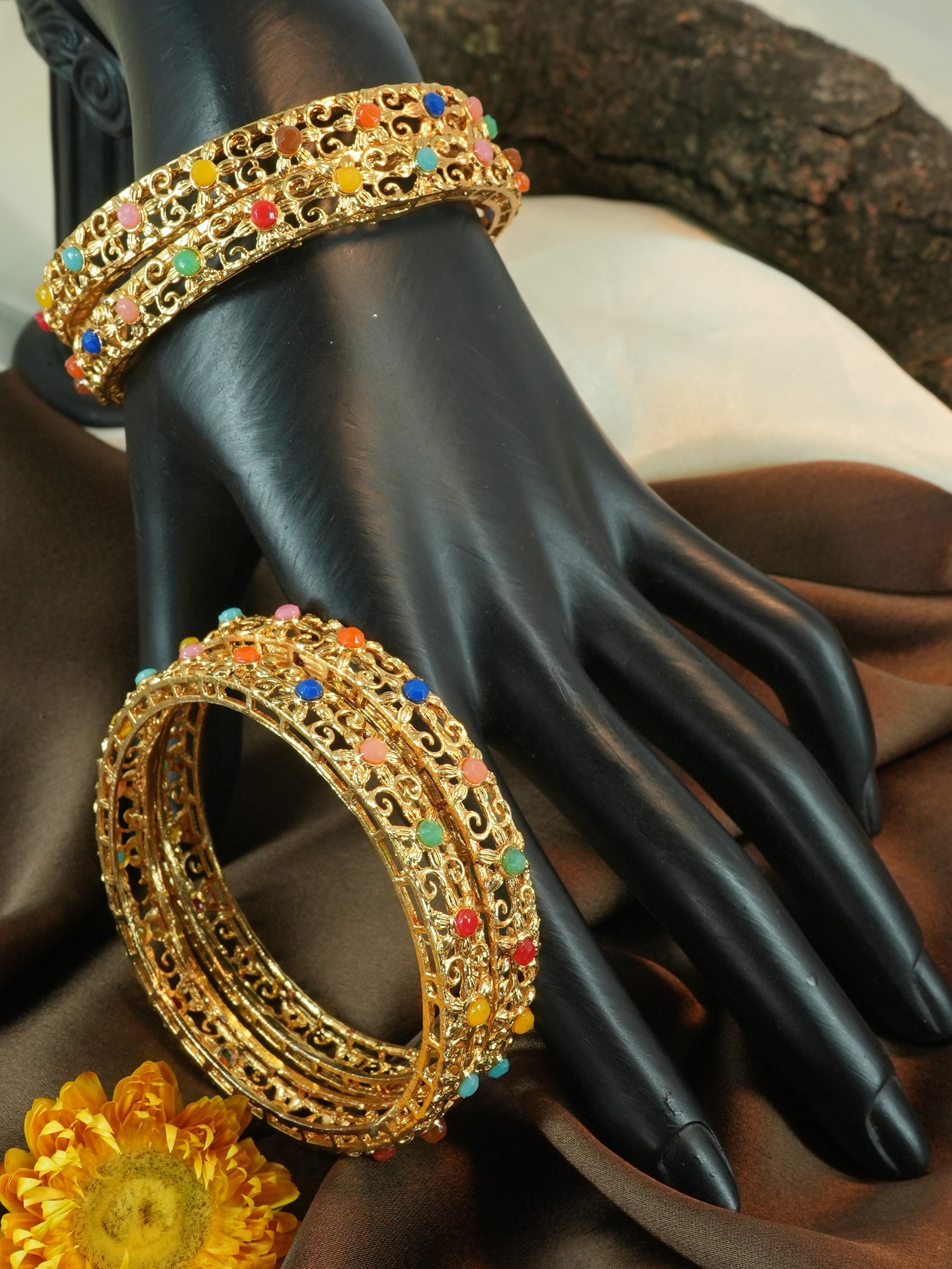 Gold Plated with Multii colour Stones Set of 4 bangles 11534A