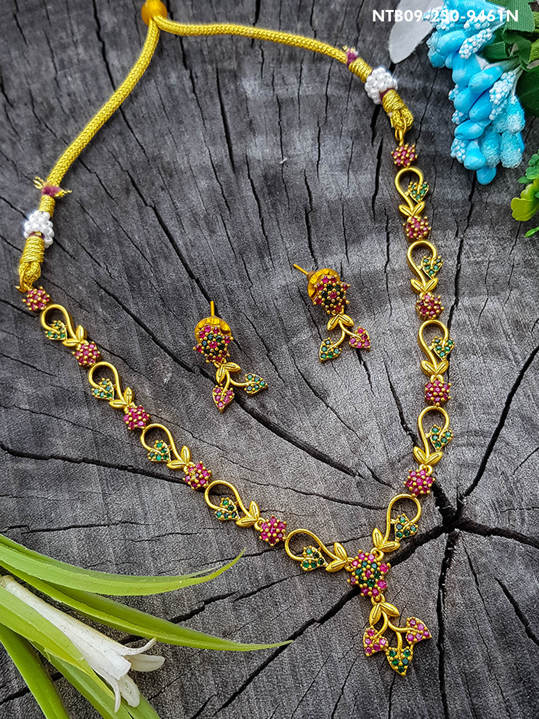 Gold finish Floral pattern cz /Ruby stone necklace set 9412N