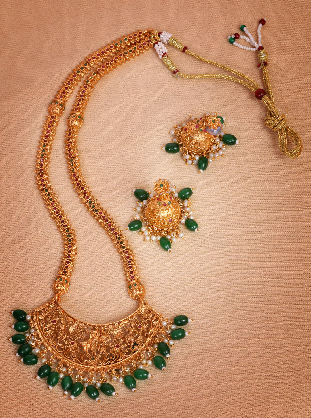 Gold finish Long Krishna 25 inches necklace set with colored kempu stones 9002N
