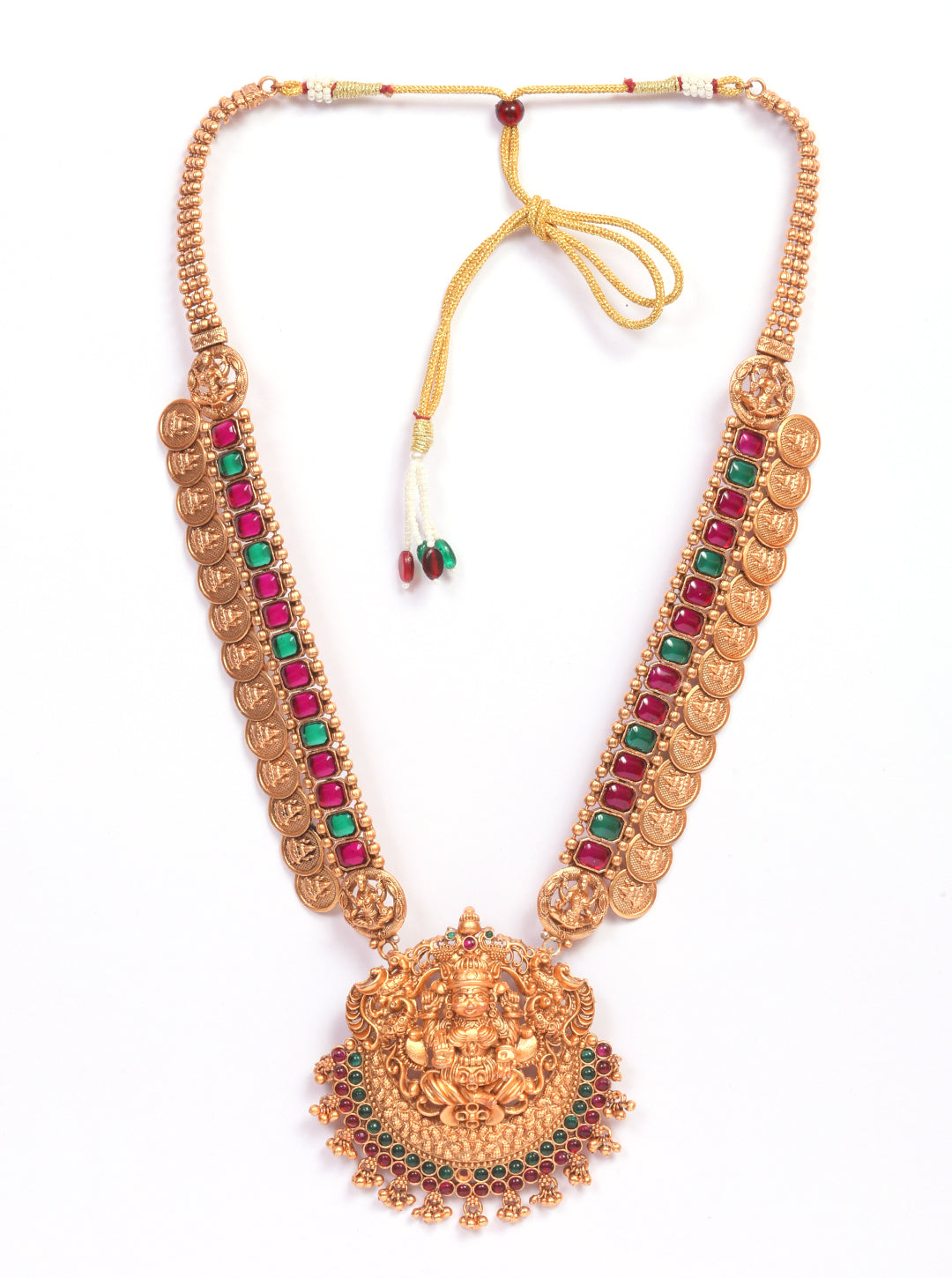 Gold finish Long Laxmi necklace set with colored kempu stones 9000N