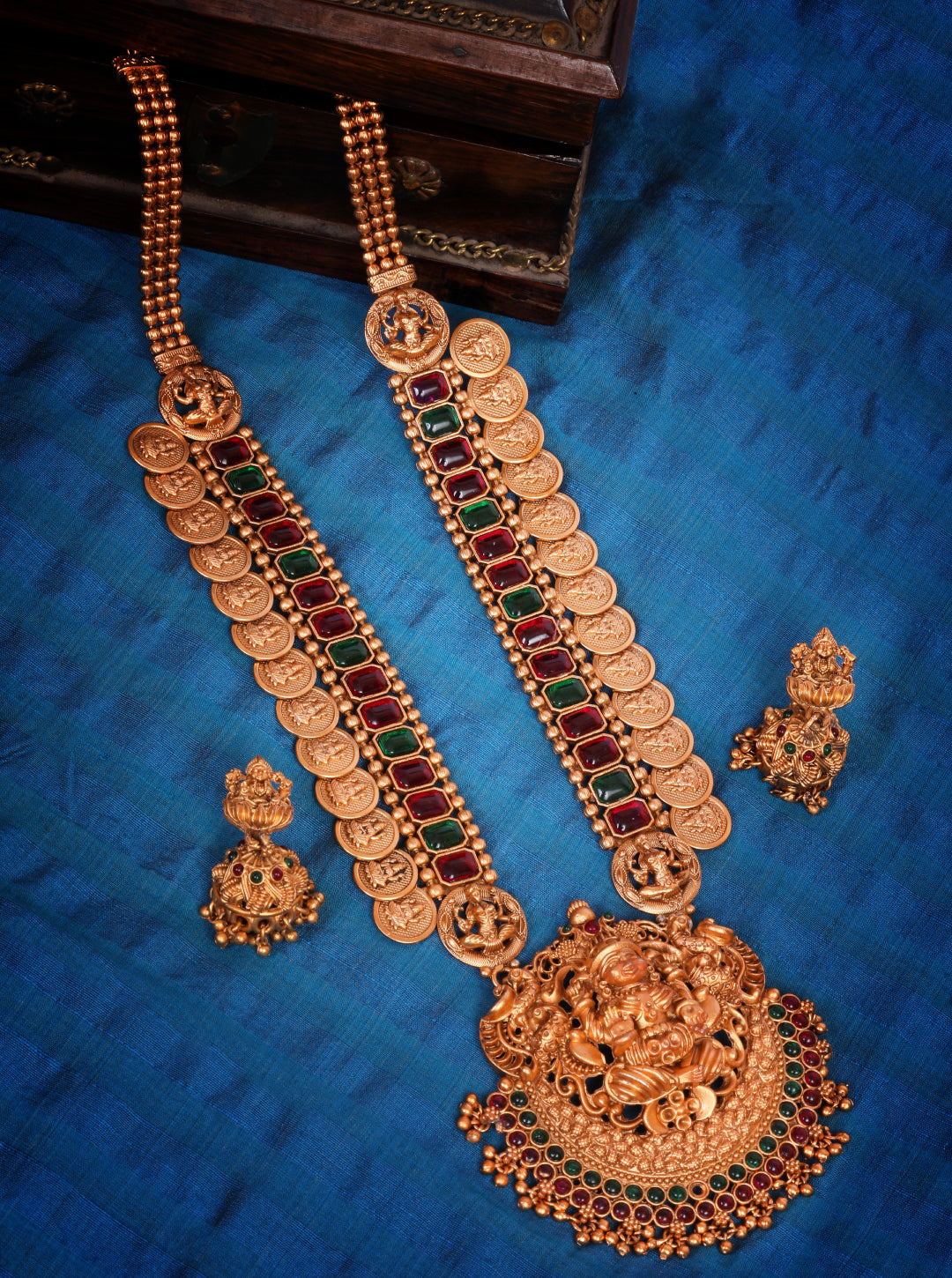 Gold finish Long Laxmi necklace set with colored kempu stones 9000N