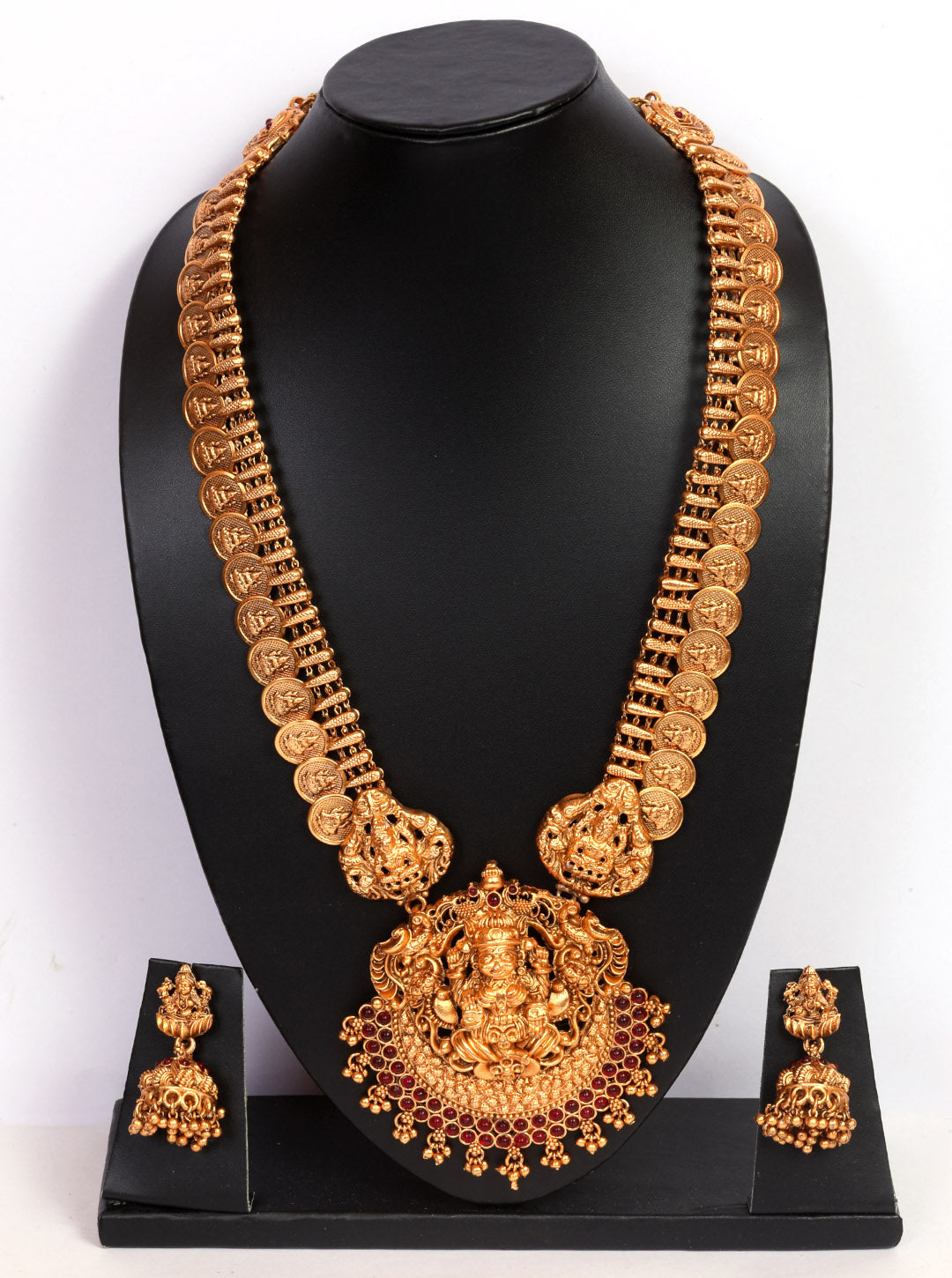 Gold finish Long Laxmi necklace set with colored kempu stones 9001N