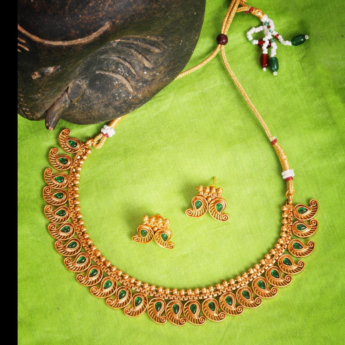 Gold finish Mango Short necklace set  with colored kempu stones 8979N