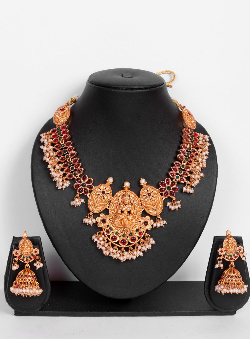 Gold finish short Laxmi necklace set with colored kempu stones 8990N
