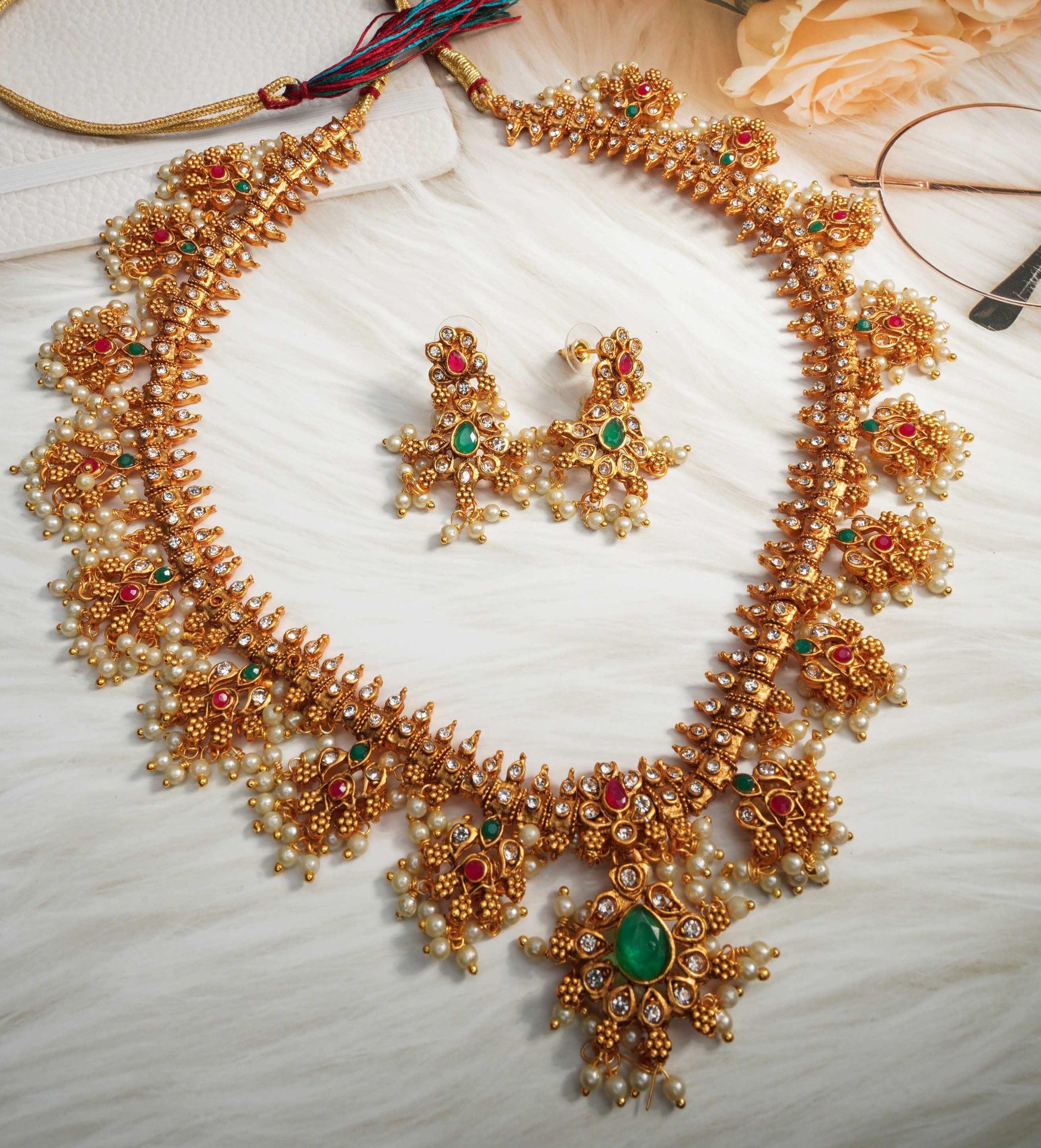 Gold plated Quality Gotipussalu Medium Length Necklace Set with Stones studded 9256N