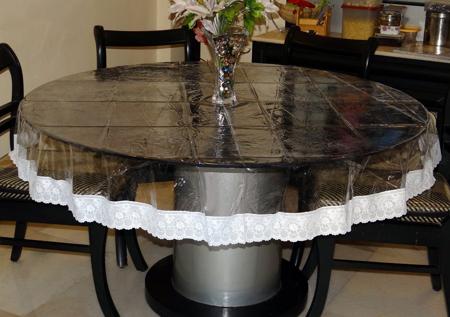 Griiham 4 Seater Round Transparent Table Cover with Assorted Coloured Heavy Lace silver Border Attached Size 60 inches Thickness 100 GSM round4tc