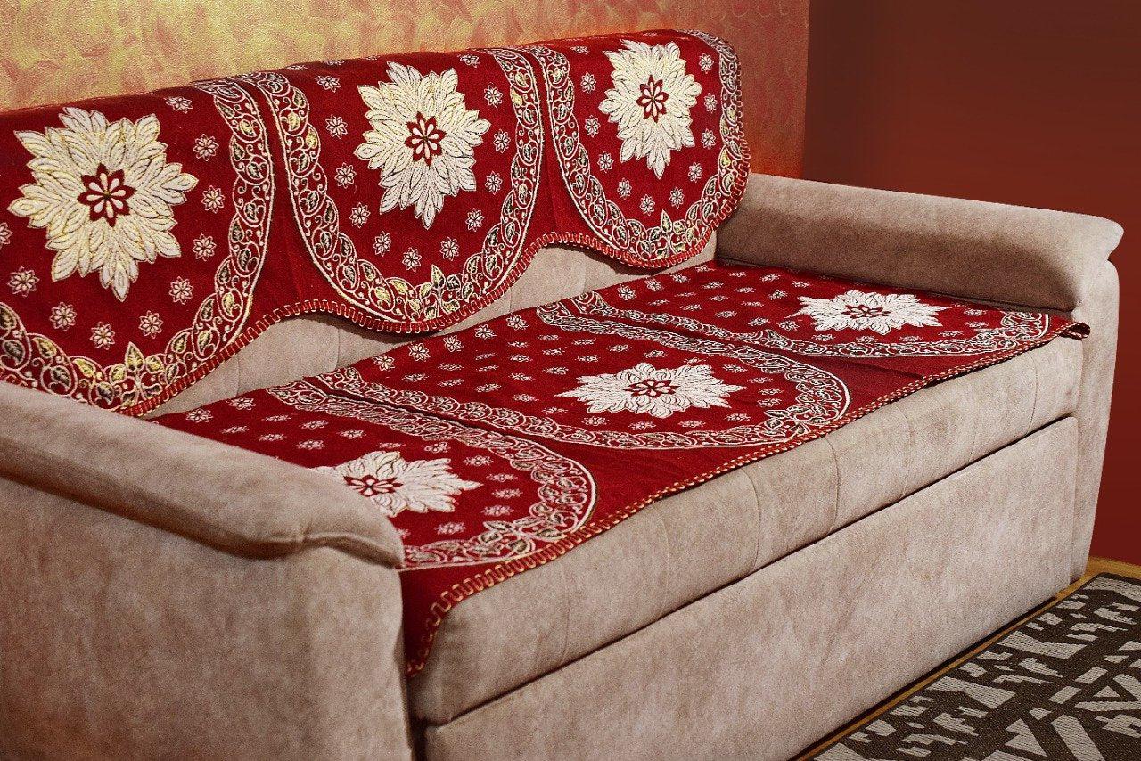Griiham Cotton and Polyester Bright Floral Leaves Design Maroon Sofa Cover for 5 Seater Sofa - (3+1+1) (Maroon, Standard) AT29