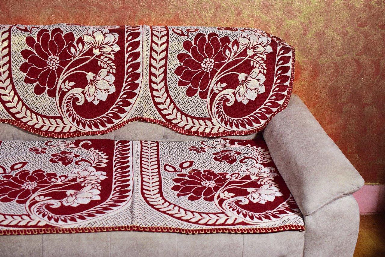 Griiham Cotton and Polyester Floral Leaves Design Cream and Maroon Sofa Cover for 5 Seater Sofa - (3+1+1) (Maroon, Standard) AT27