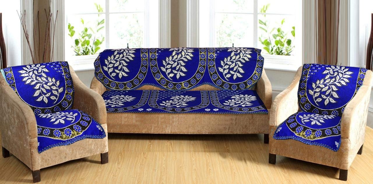 Griiham Cotton and Polyester Floral Leaves Design Sofa Cover for 5 Seater Sofa - (3+1+1) (Blue, Standard) AT26