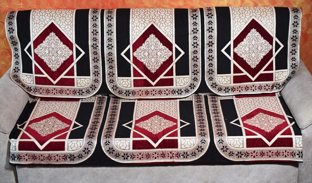 Griiham Premium Black Maroon Shaneel Fabric Sofa Cover with Silk Satin Piping for Borders for 5 Seater Sofa - (Set of 10pcs for 3+1+1) 90% Cotton 10% Polyster AT30