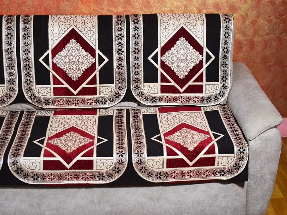 Griiham Premium Black Maroon Shaneel Fabric Sofa Cover with Silk Satin Piping for Borders for 5 Seater Sofa - (Set of 10pcs for 3+1+1) 90% Cotton 10% Polyster AT30
