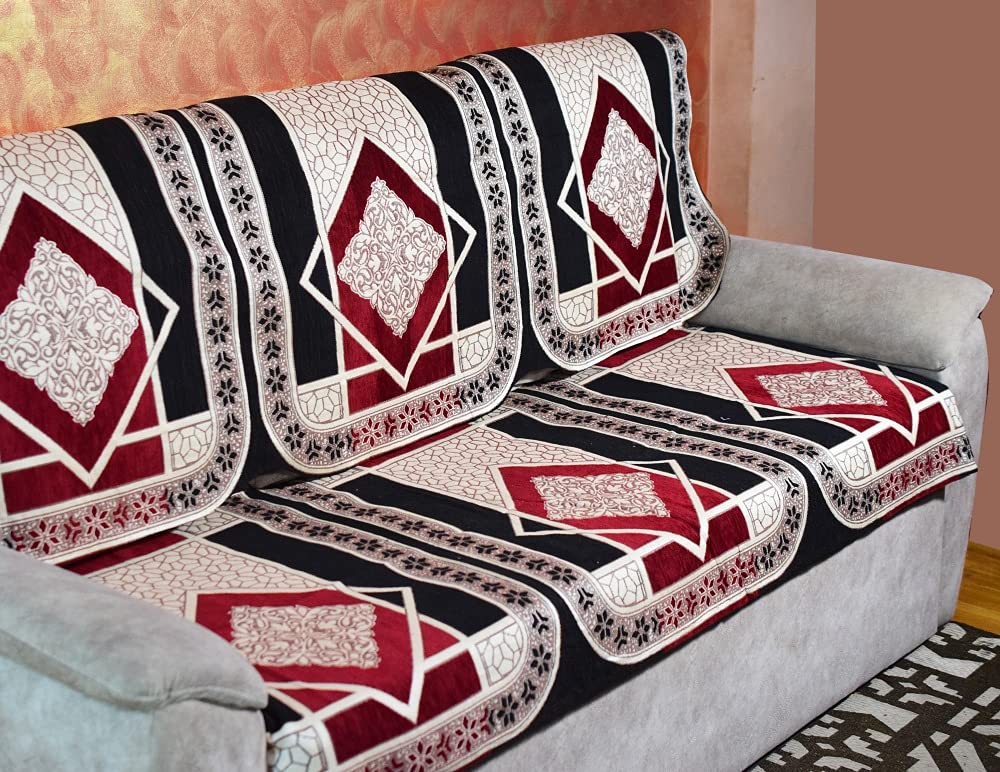 Griiham Premium Black Maroon Shaneel Fabric Sofa Cover with Silk Satin Piping for Borders for 5 Seater Sofa - (Set of 10pcs for 3+1+1) 90% Cotton 10% Polyster AT30