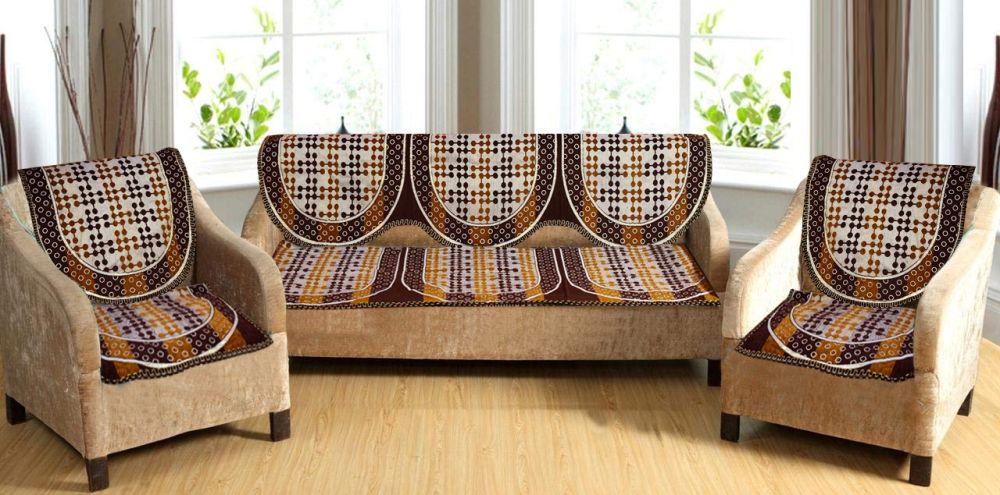 Griiham Premium Coffee Colour Based Zigzag Dots Sofa Cover for 5 Seater Sofa - (3+1+1) 90% Cotton 10% Polyster AT20
