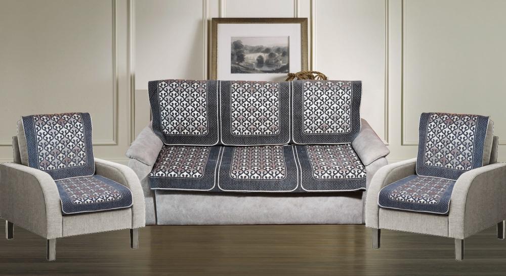 Griiham Premium Grey Colour Royal Shaneel Fabric Anti-Skid 5 Seater Sofa Cover with Silk Satin Piping (Set of 10pcs for 3+1+1) AT36
