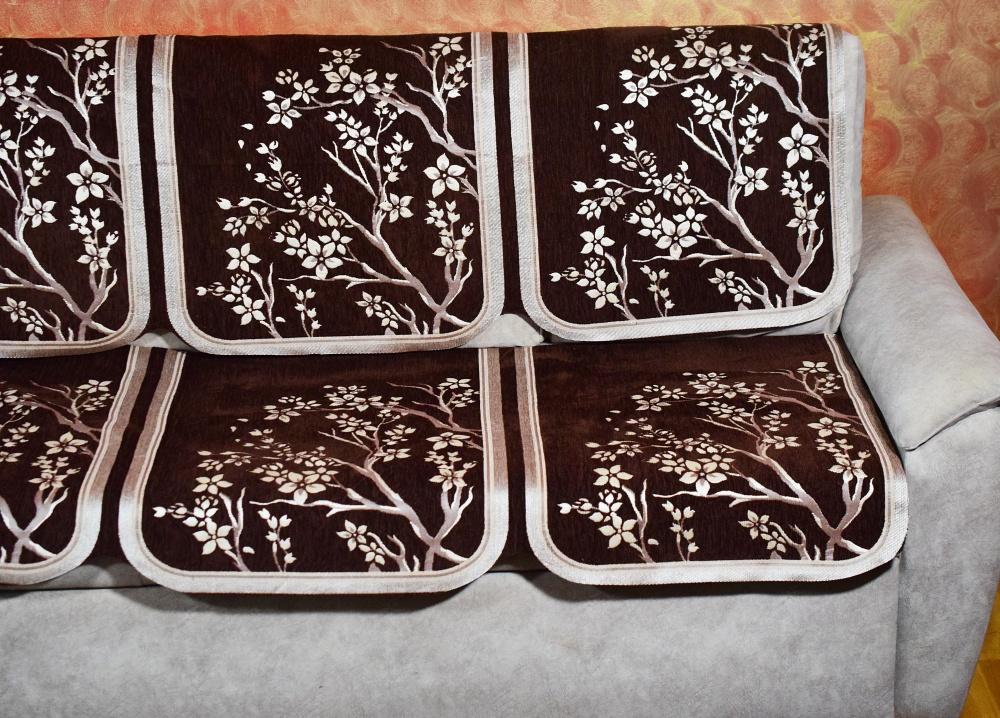 Griiham Royal Bloom Design Coffee Colour 5 Seater Cotton Sofa Cover - (Set of 3+1+1) AT38